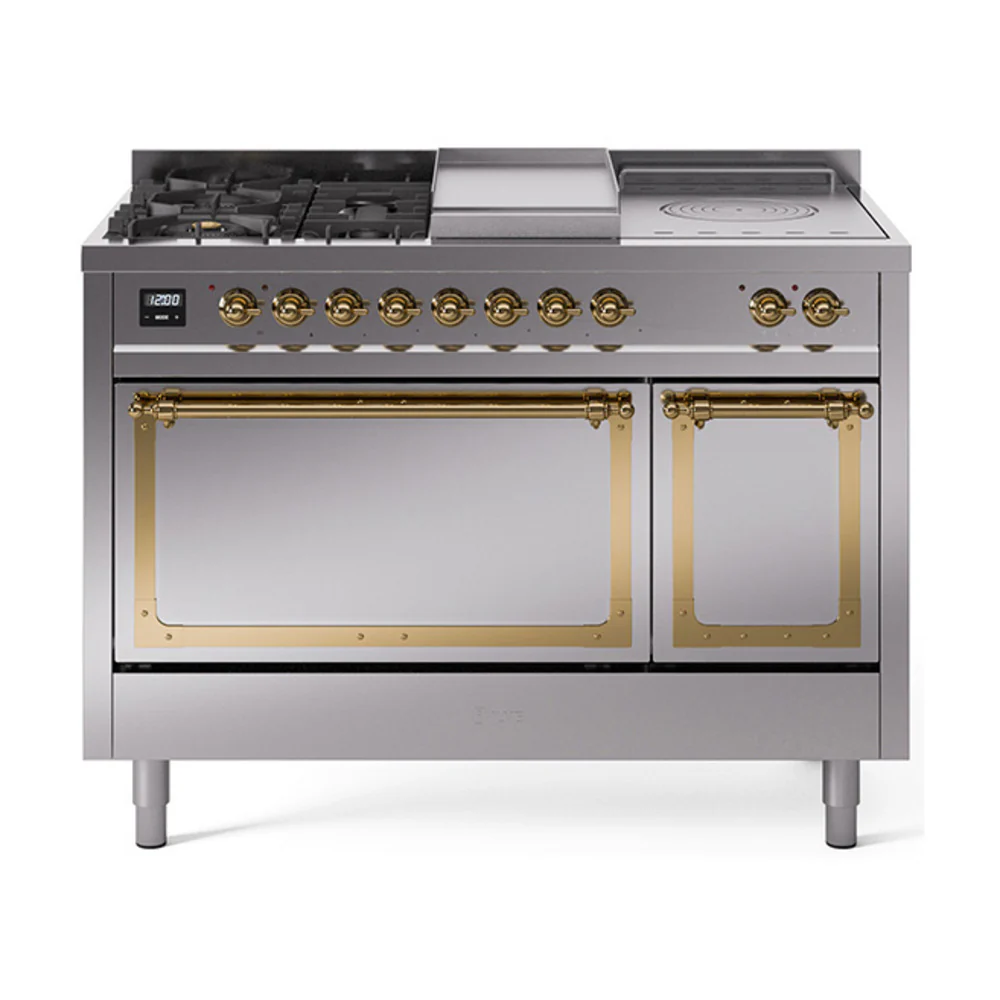 ILVE 48-Inch Nostalgie II Noblesse Dual Fuel Range with 5 Sealed Burners, Griddle, French Top and Solid Door Oven in Stainless Steel with Brass Trim (UN48FSQNMPSSG)