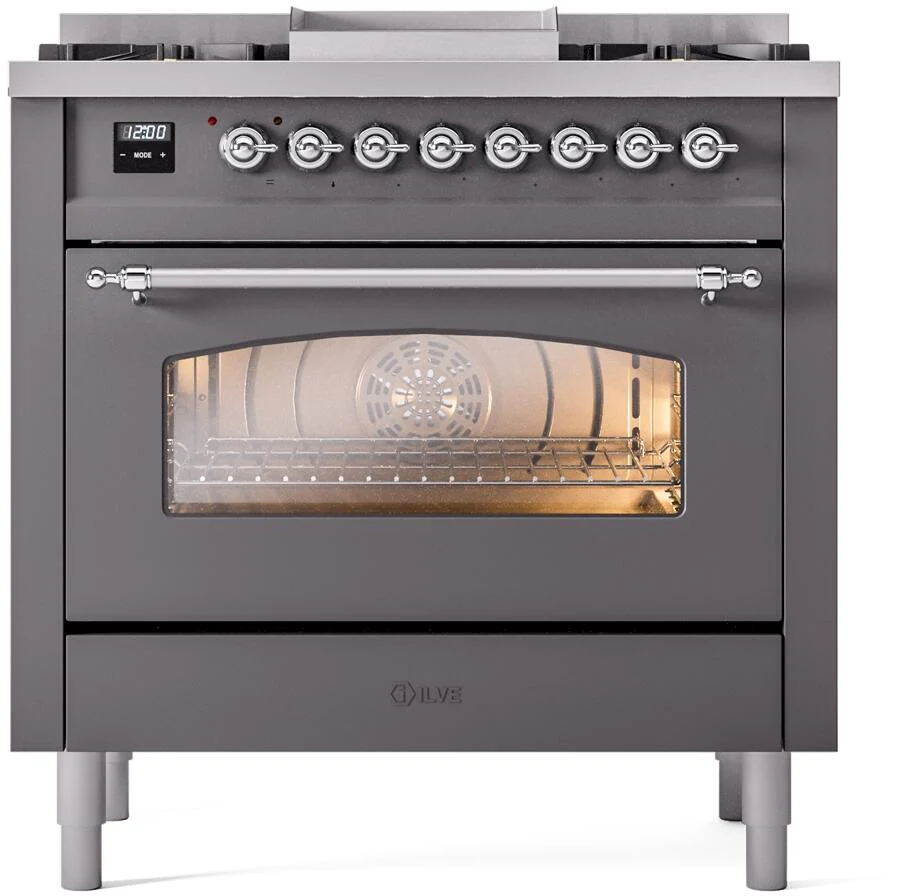 ILVE Nostalgie II 36-Inch Dual Fuel Freestanding Range in Matte Graphite with Chrome Trim (UP36FNMPMGC)