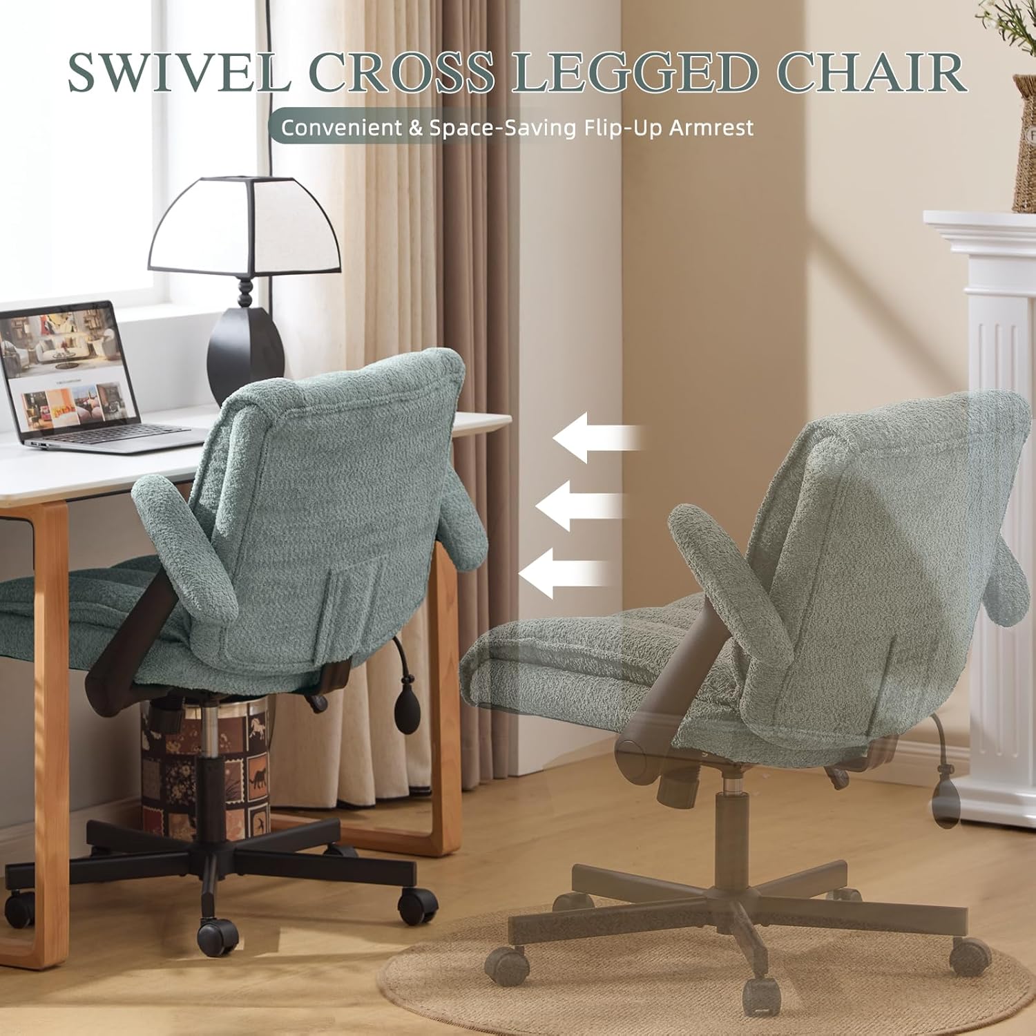 Criss Cross Legged Office Chair with Flip-Up Arms and Wheels, Wide Seat Desk Chair with Built-In Dynamic Airbag Lumbar Support, Modern Cross-Leg Chair for Home Office, Apartment, Vanity, Light Green