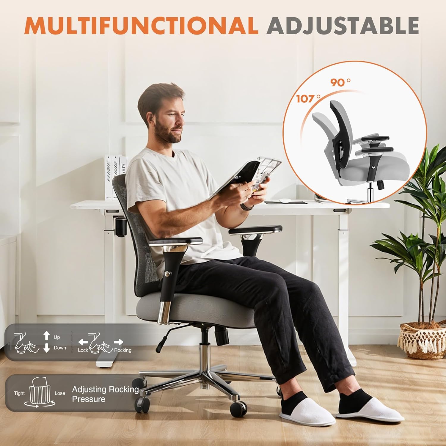 Sweetcrispy Big and Tall Office Desk Chair with Lumbar Support, 500lbs Heavy Duty Mesh Ergonomic Computer Chair with 4D Armrest and Wide Comfy Seat, Wheels for Adult