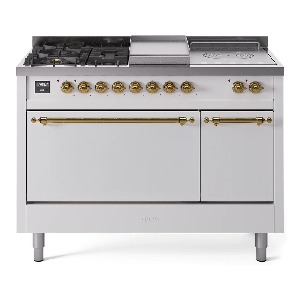 ILVE Nostalgie II 48-Inch Dual Fuel Range with 5 Burners, Griddle, & French Top, with Solid Door Oven in White with Brass Trim (UP48FSQNMPWHG)