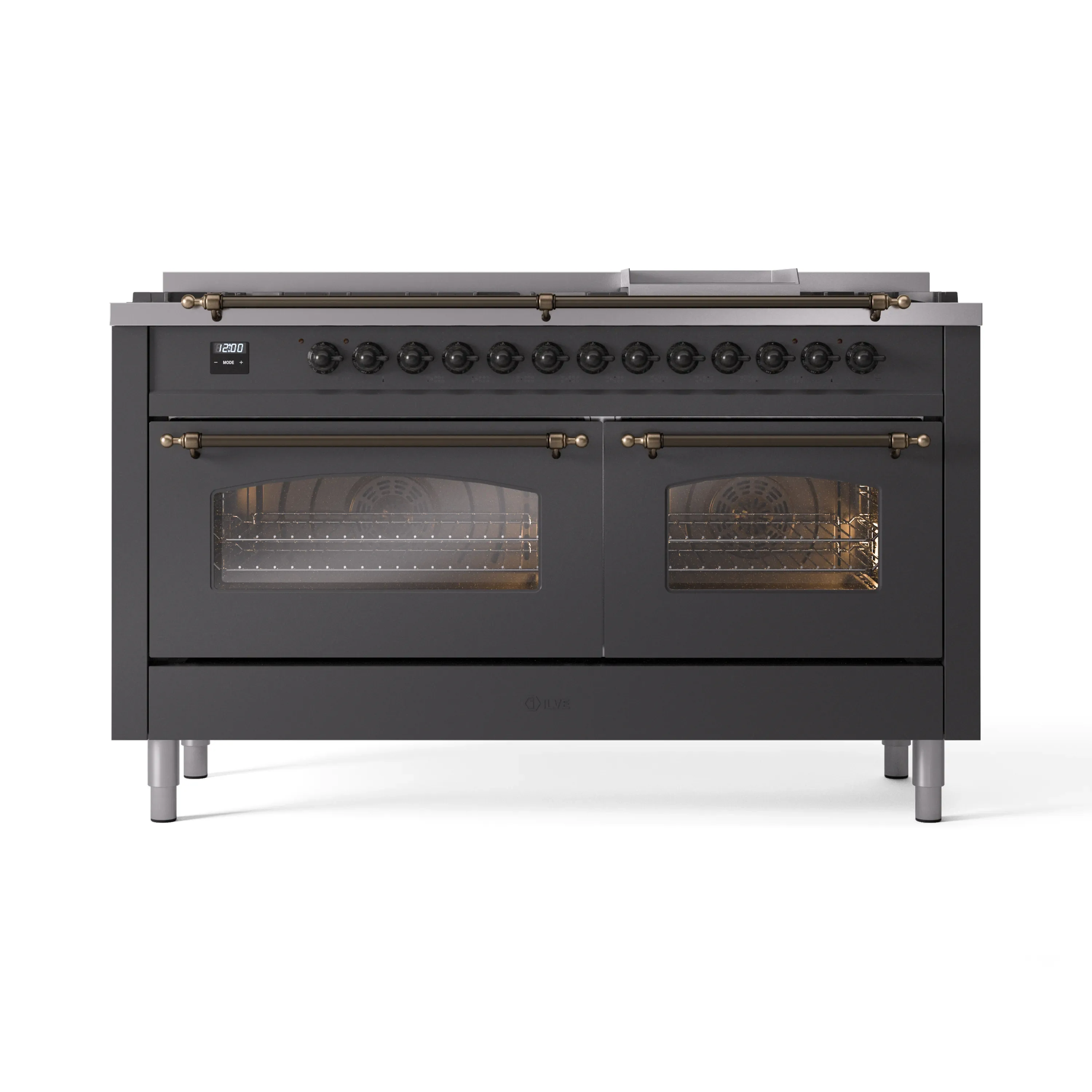 ILVE 60-Inch Nostalgie II Dual Fuel Range with 9 Burners, Griddle and Triple Glass Door Oven in Matte Graphite with Bronze Trim (UP60FNMPMGB)