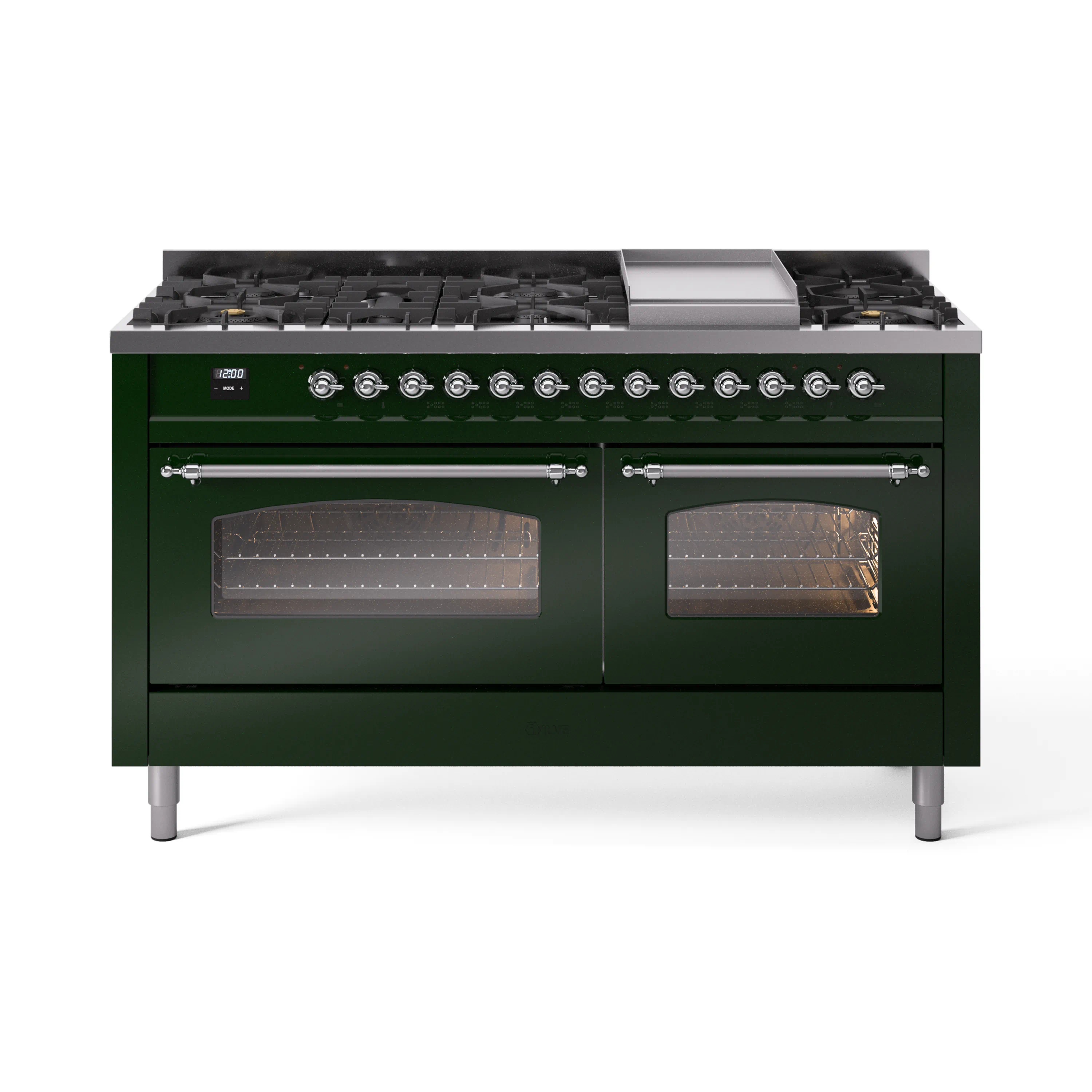 ILVE 60-Inch Nostalgie II Dual Fuel Range with 9 Burners, Griddle and Triple Glass Door Oven in Emerald Green with Chrome Trim (UP60FNMPEGC)