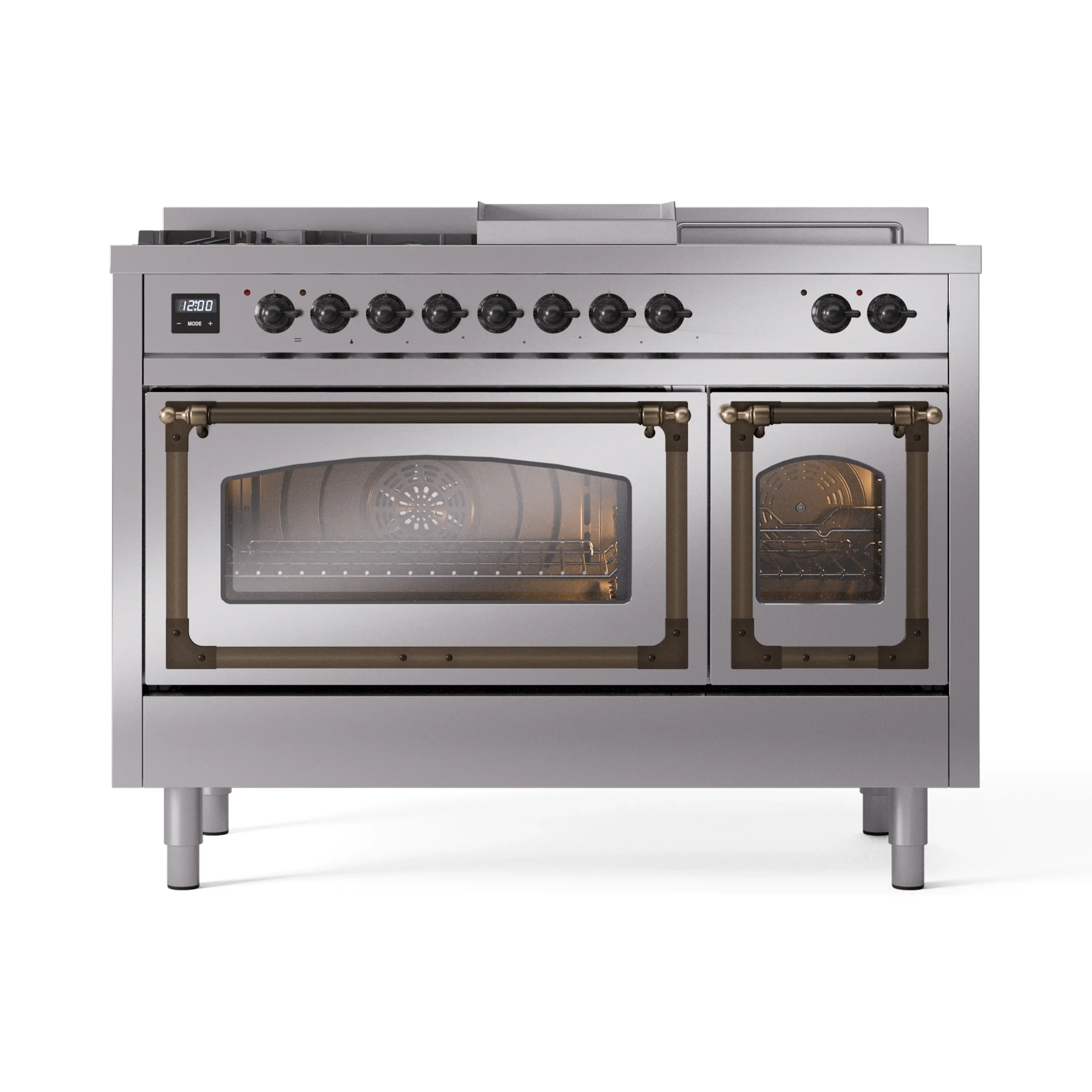 ILVE 48-Inch Nostalgie II Noblesse Dual Fuel Range with 5 Sealed Burners, Griddle, French Top and Triple Glass Door Oven in Stainless Steel with Bronze Trim (UN48FSNMPSSB)