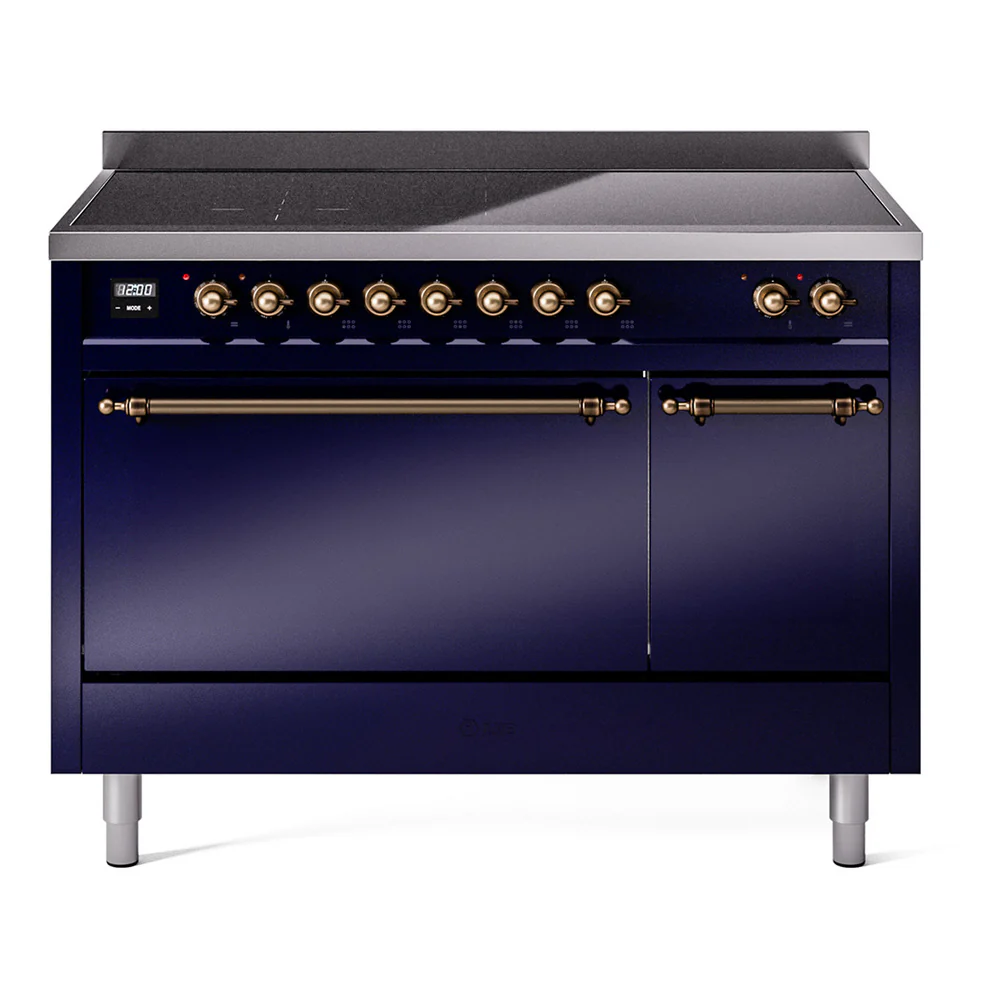 ILVE 48-Inch Nostalgie II Induction Range with Solid Door Oven in Midnight Blue with Bronze Trim (UPI486QNMPMBB)