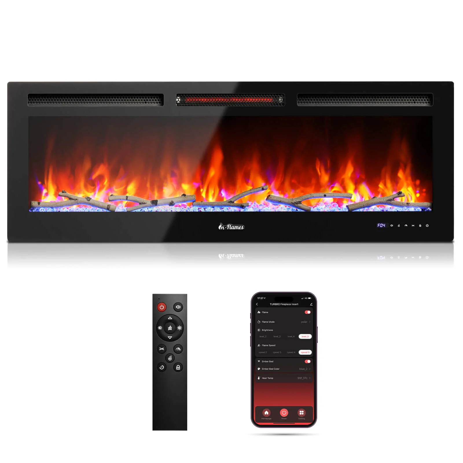 TURBRO In Flames INF50W-3D WiFi Smart Wall Mounted Electric Fireplace - Tempered Glass (707-98-183A)