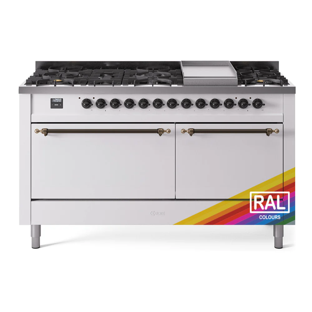 ILVE 60-Inch Nostalgie II Dual Fuel Range with 9 Burners, Griddle, and Solid Door Oven in Custom RAL in Bronze Trim (UP60FQNMPRAB)