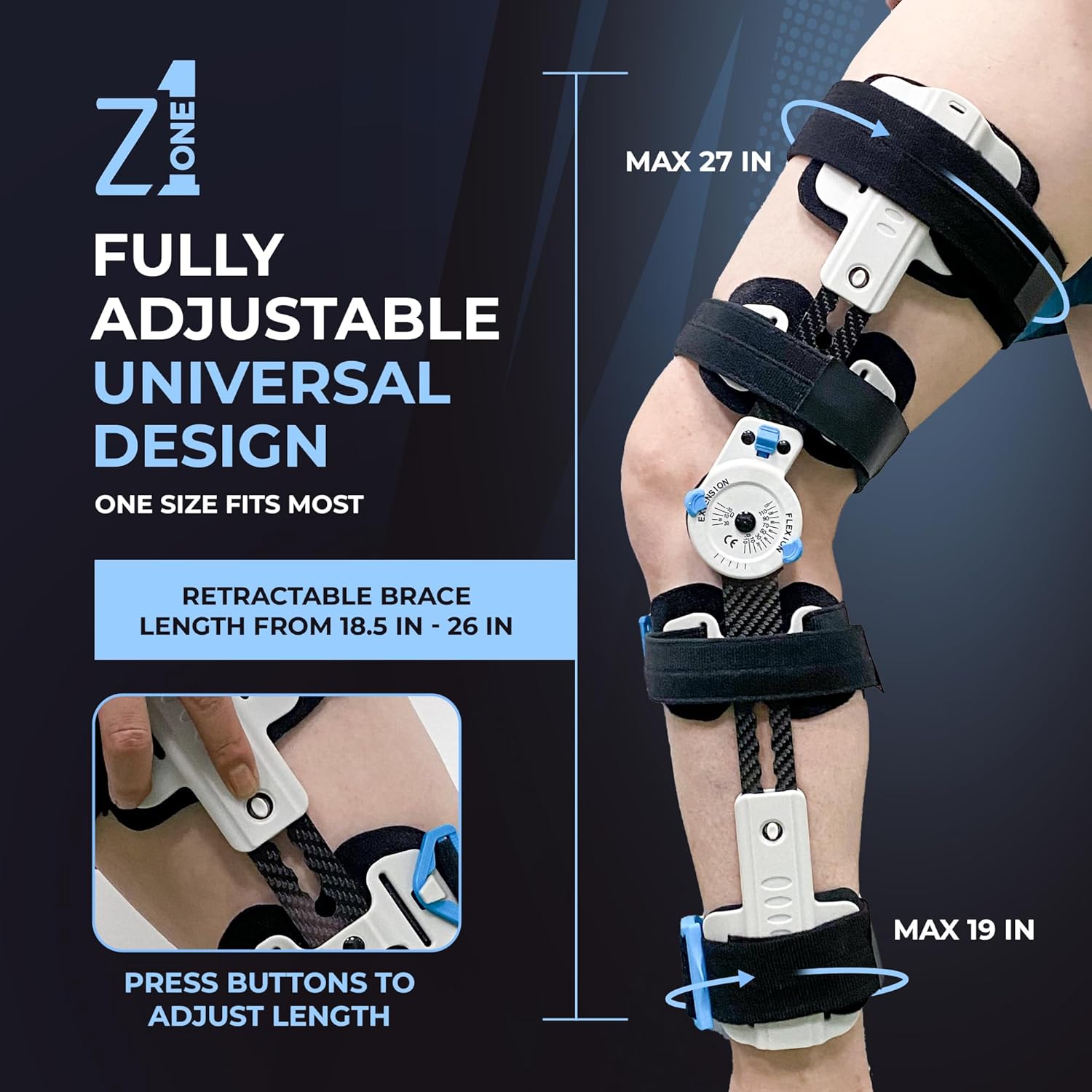 Z ONE Z1 K10 Eco Hinged ROM Knee Brace - Carbon Fiber Post Op Knee Immobilizer Lightweight Adjustable Leg Braces Medical Orthopedic Support for ACL, PCL, MCL Injury & After Surgery for Women & Men