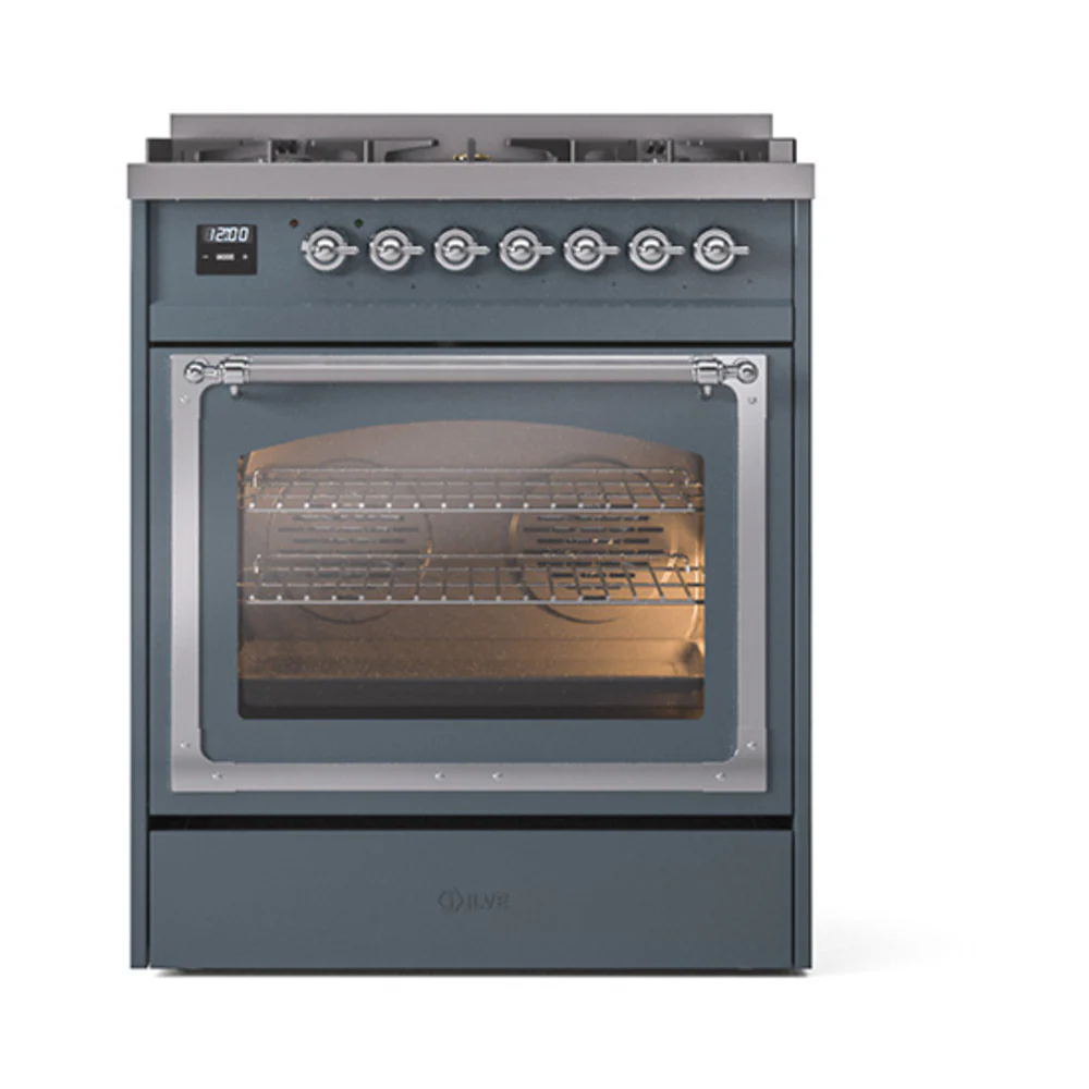 ILVE Nostalgie II Noblesse 30-Inch Dual Fuel Range with Triple Glass Door in Blue Grey with Chrome Trim (UN30NMPBGC)