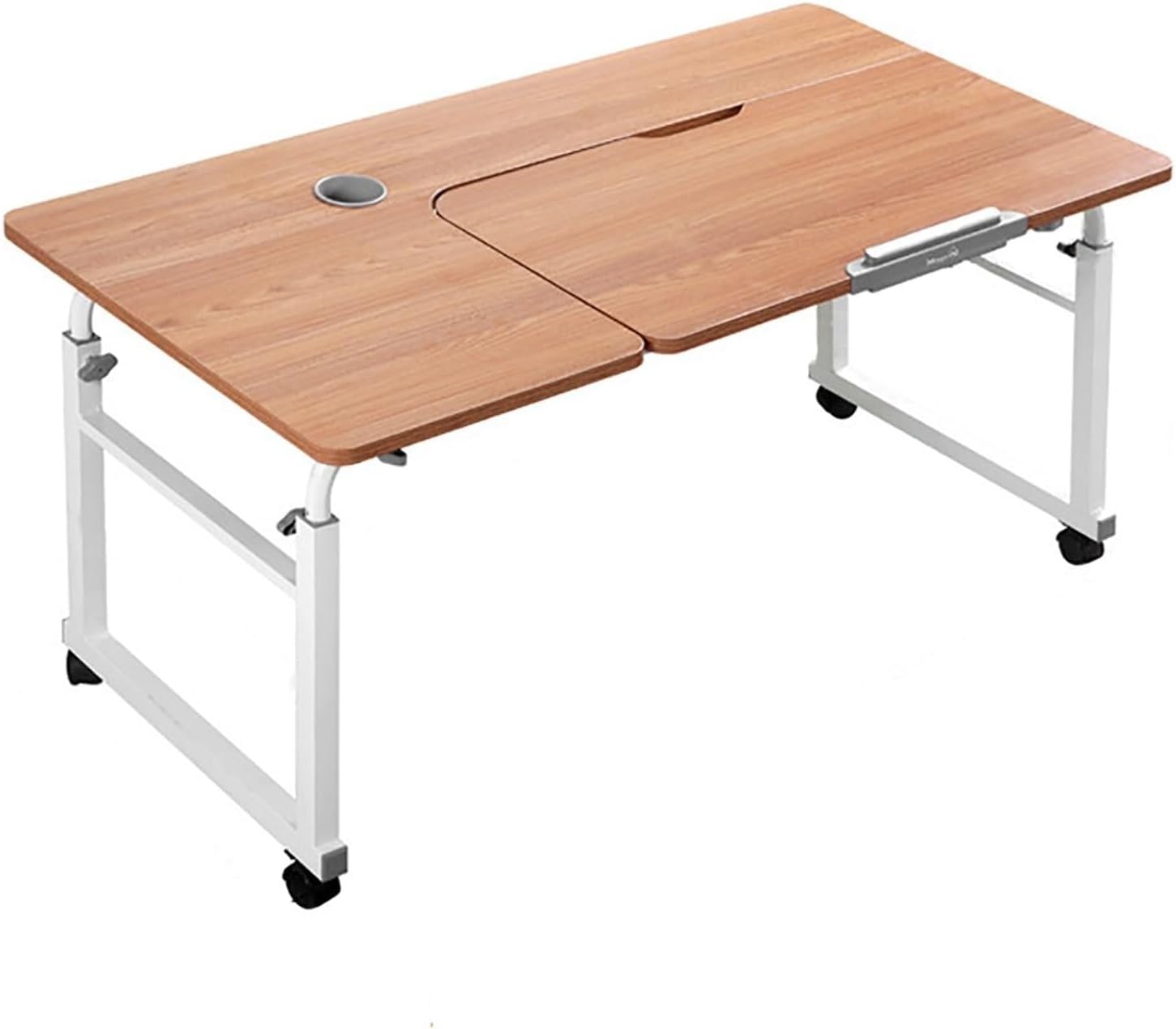 Adjustable Overbed Table with Wheels, Mobile Hospital Bedside Desk, Height & Length Adjustable, Tiltable Computer Workstation, for Home Use, Teak Finish(61cm)