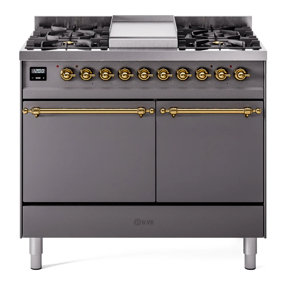 ILVE 40-Inch Nostalgie II Dual Fuel Range with 6 Burners, Griddle and Solid Door Oven  in Matte Graphite with Brass Trim (UPD40FQNMPMGG)
