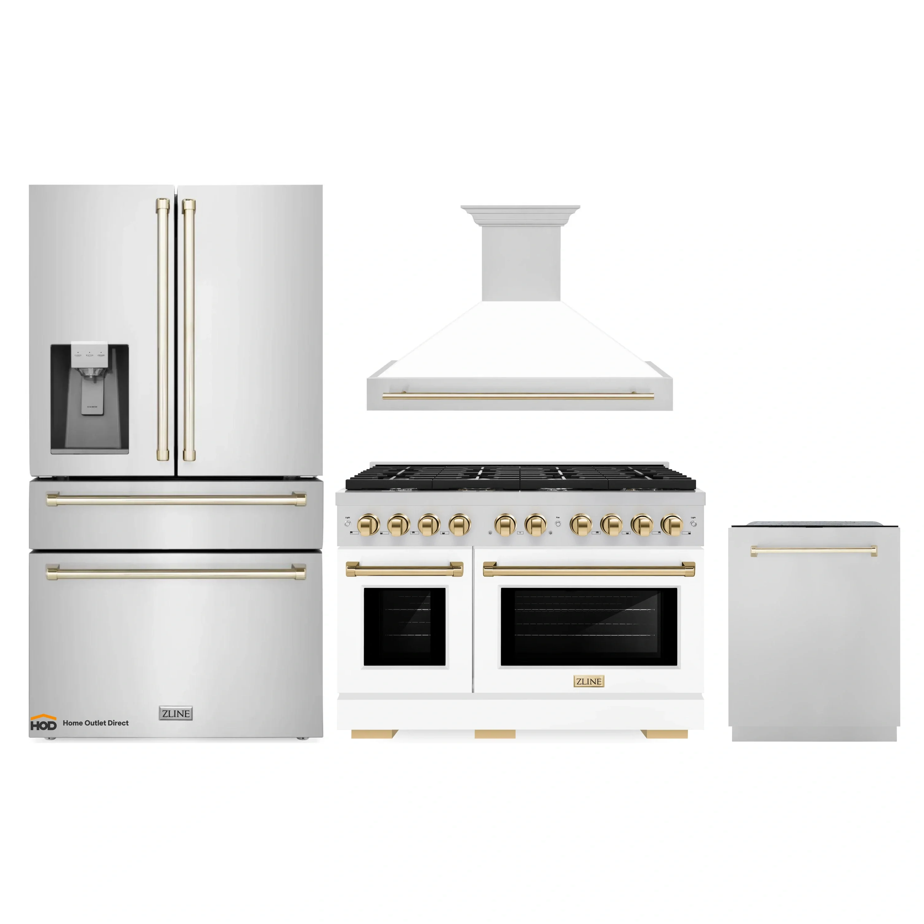 ZLINE Autograph Edition 4-Piece Appliance Package - 48-Inch Stainless Steel Gas Range, Refrigerator with Water Dispenser, Wall Mounted Range Hood, & 24-Inch Tall Tub Dishwasher in White Matte and Gold Accents (4AKPR-SGRWMRHDWM48-G)
