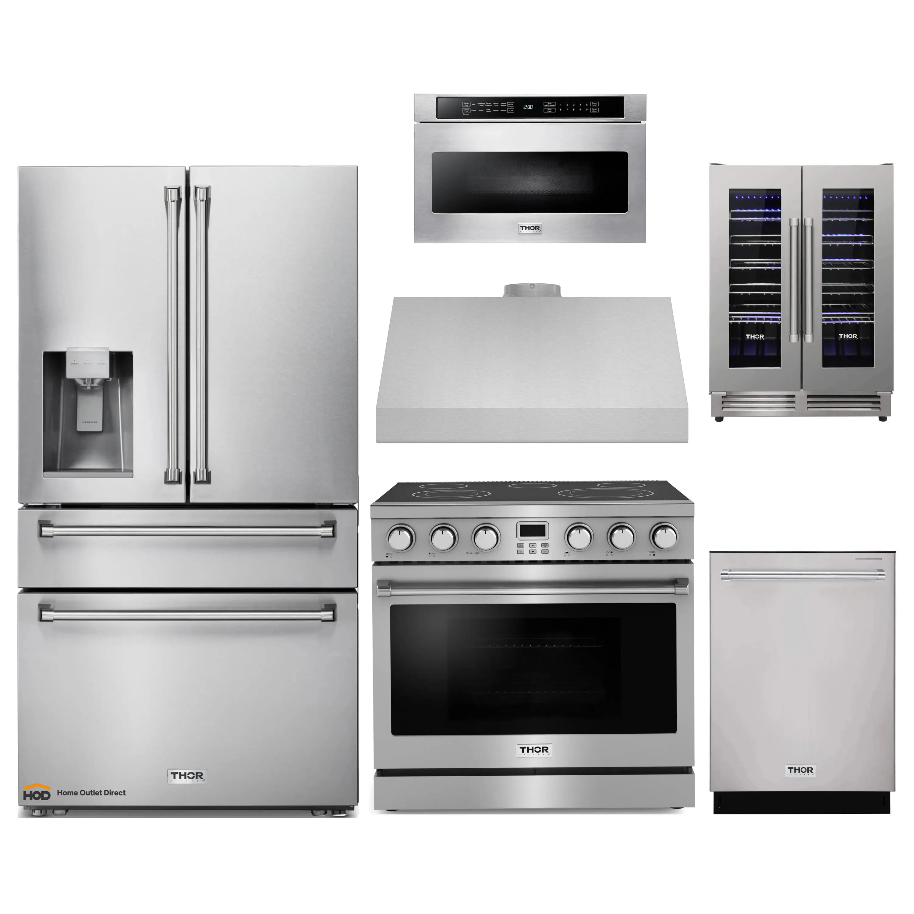 Thor Kitchen A-Series 6-Piece Appliance Package - 36-Inch Electric Range, Under Cabinet Range Hood, Refrigerator with Water Dispenser, Dishwasher, Microwave, and Wine Cooler in Stainless Steel