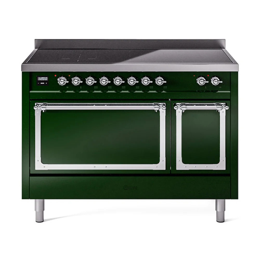 ILVE Nostalgie II Noblesse 48-Inch Induction Range with Solid Door Oven in Emerald Green with Chrome Trim (UNI486QNMPEGC)