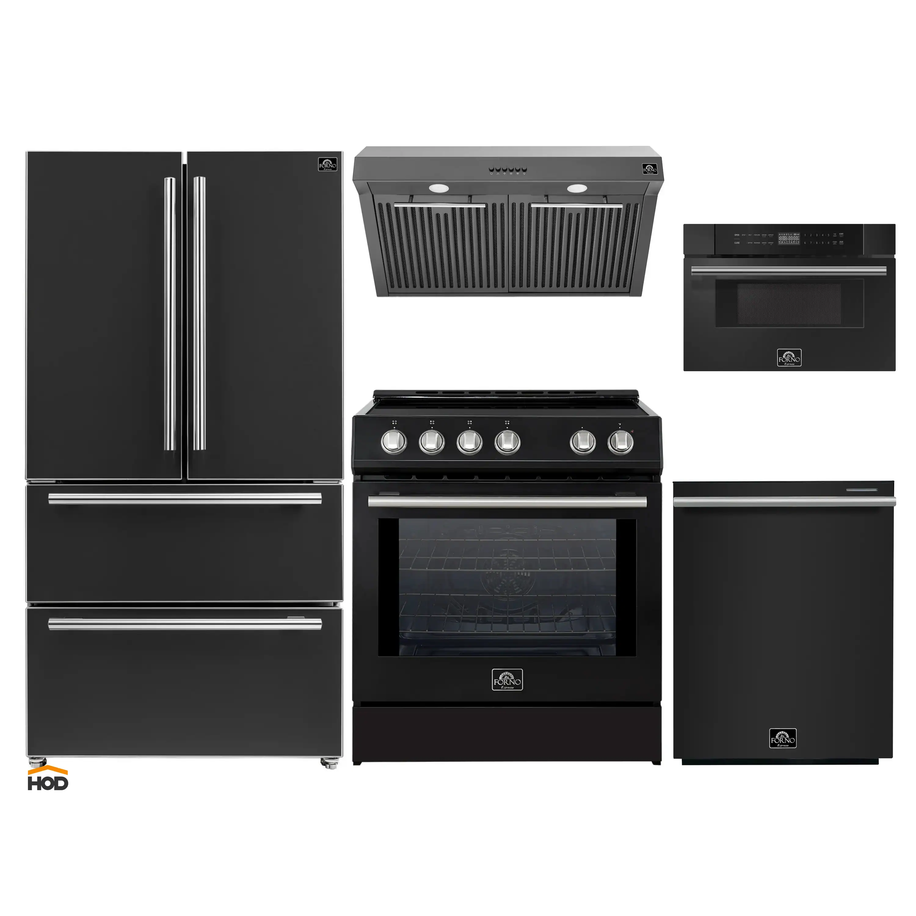 Forno 5-Piece Appliance Package - 30-Inch Induction Range, Under Cabinet Range Hood, French Door Refrigerator, Dishwasher, and 30-Inch Microwave Drawer in Black with Stainless Steel Trim