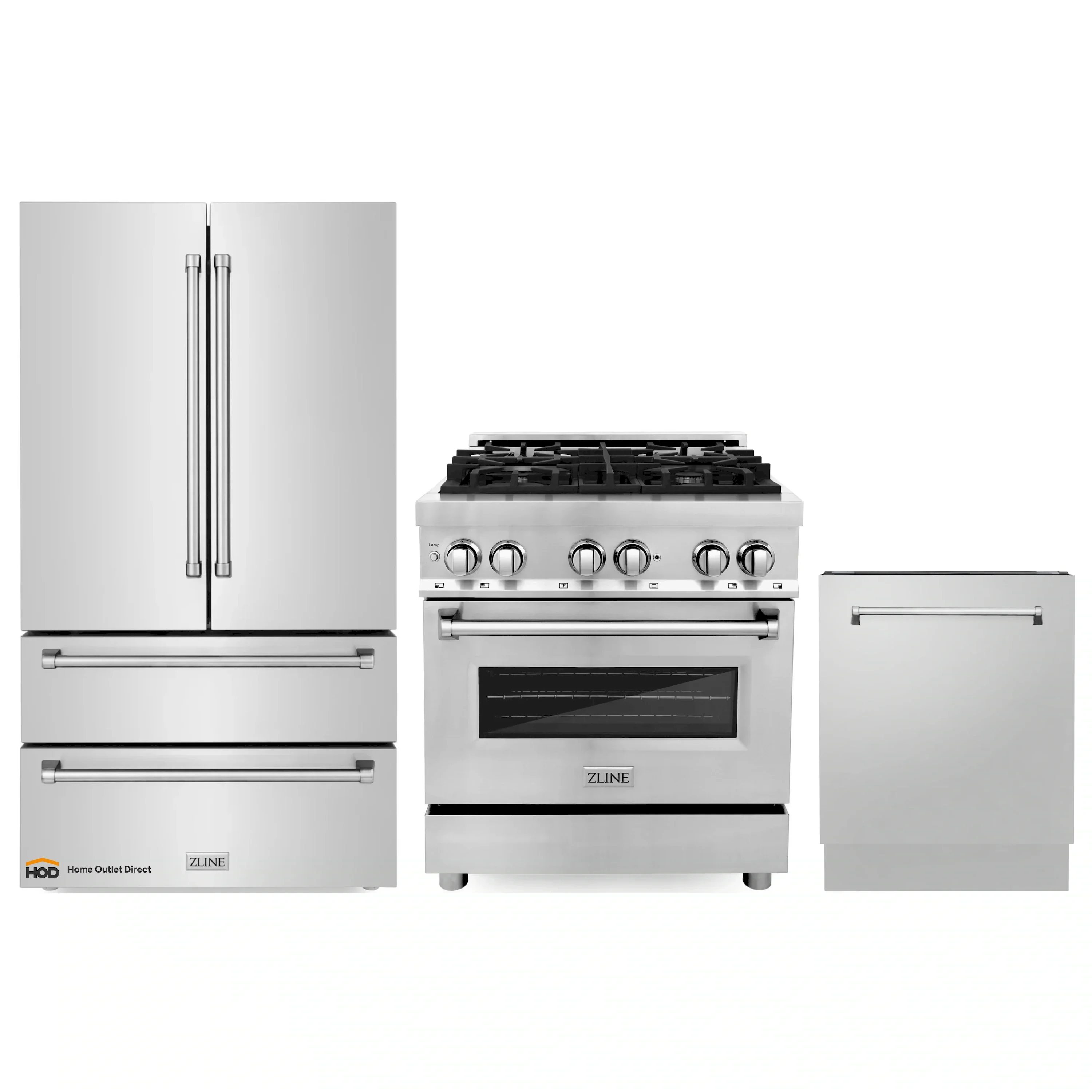 ZLINE 3-Piece Appliance Package - 30-Inch Dual Fuel Range, Refrigerator, and 3-Rack Dishwasher in Stainless Steel