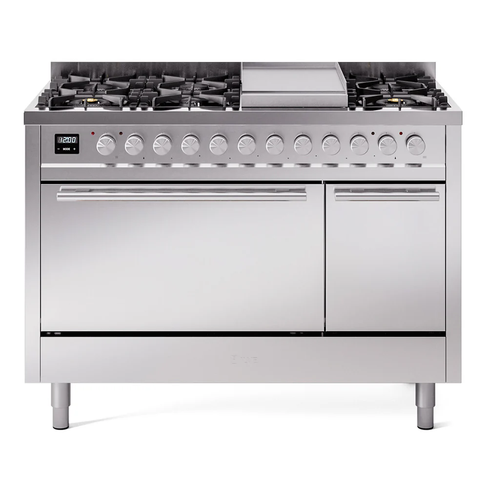 ILVE 48-inch Professional Plus II Dual Fuel Range with 8 Burners, Griddle, and Solid Door Oven in Stainless Steel (UP48FQMPSS)