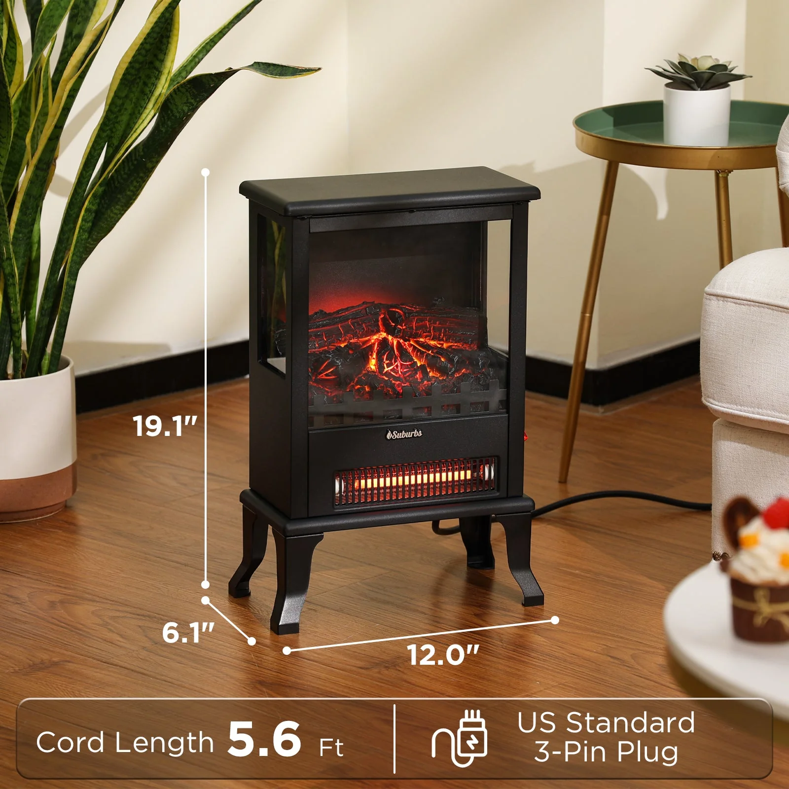 TURBRO Suburbs Electric Fireplace Stove Heater with Panoramic 3-Sided View and LED Flames (707-98-122QA)