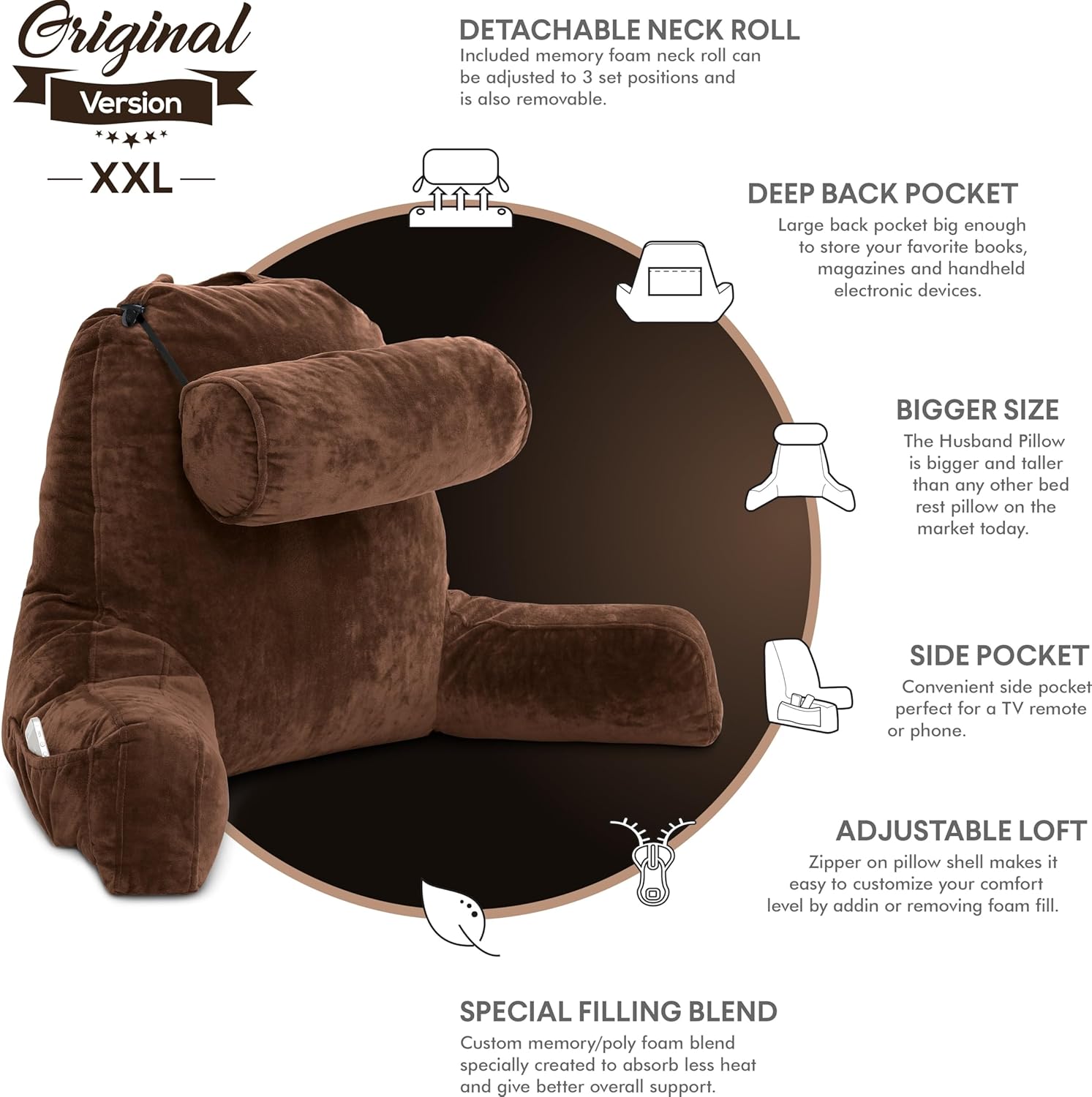 Husband Pillow XXL - Reading Pillow Bed Chair with Arms & Back Support - Chocolate - Back Pillow for Bed Sitting Up - BedRest Arm Pillow - Comfy Reading Pillow for Adults