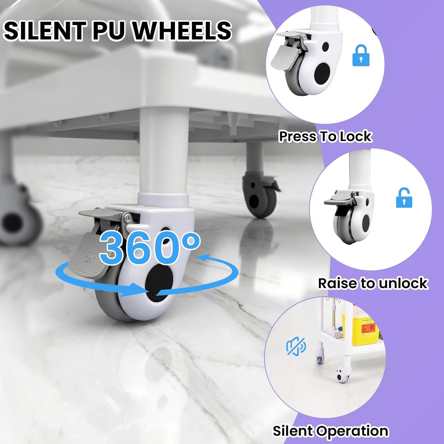 360° Rotate Silent Wheels Machine Trolley, 330lbs Mobile Utility Cart with Bucket and 2 Big Drawers, Esthetician 3 Tier Storage for Office, Home, Dental Hospital