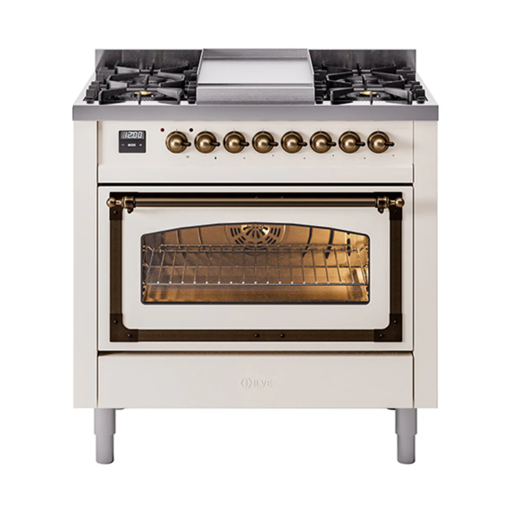 ILVE Nostalgie II Noblesse 36-Inch Dual Fuel Range and Triple Glass Door in Antique White with Bronze Trim (UN36FNMPAWB)