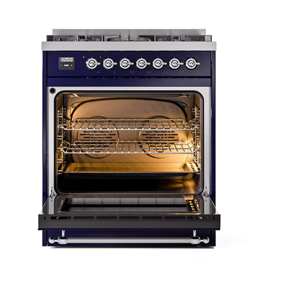 ILVE Nostalgie II Noblesse 30-Inch Dual Fuel Range with Solid Door in Midnight Blue with Chrome Trim (UN30QNMPMBC)