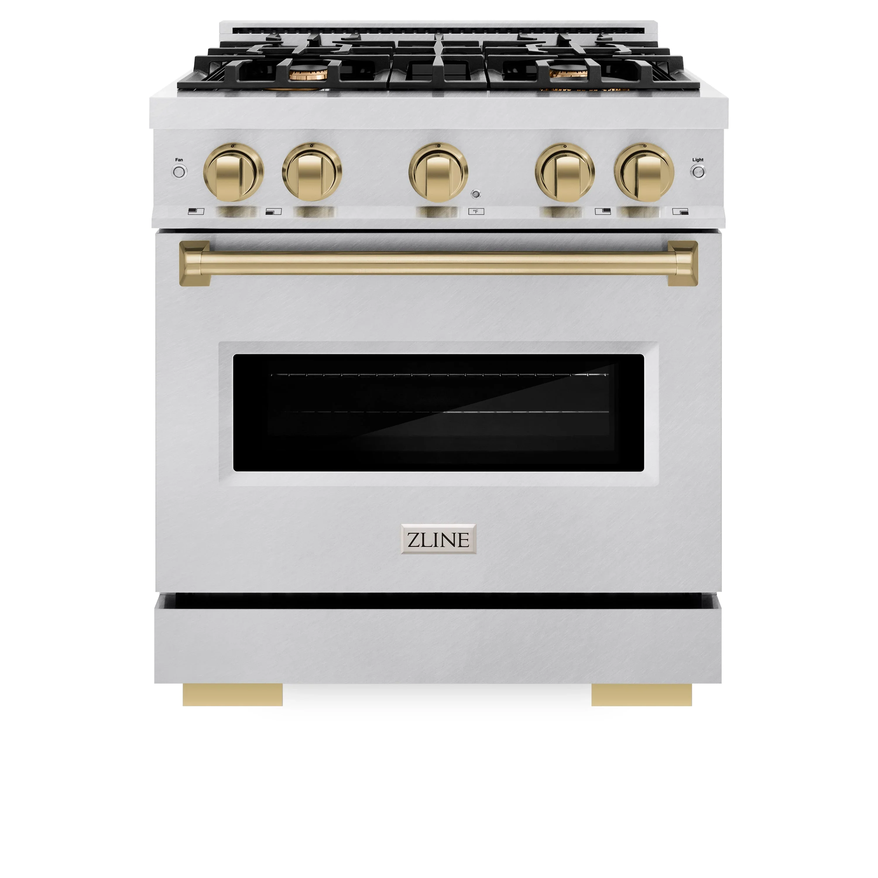 ZLINE Autograph Edition 30-Inch Classic Series Dual Fuel Range with 4 Gas Burner Cooktop and 4.2 Cu. Ft. Electric Convection Oven in Satin Stainless Steel with Champagne Bronze Accents (CDRSZ-30-CB)