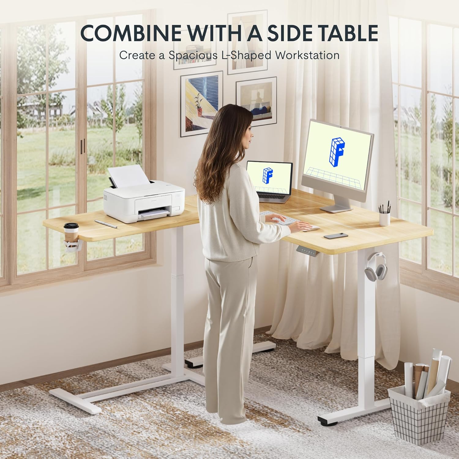 FLEXISPOT H7 Adjustable Overbed Bedside Table with Wheels Pneumatic Mobile Standing Desk Laptop Desk Rolling Computer Cart Movable Overbed Table Hospital Home Use(27.6