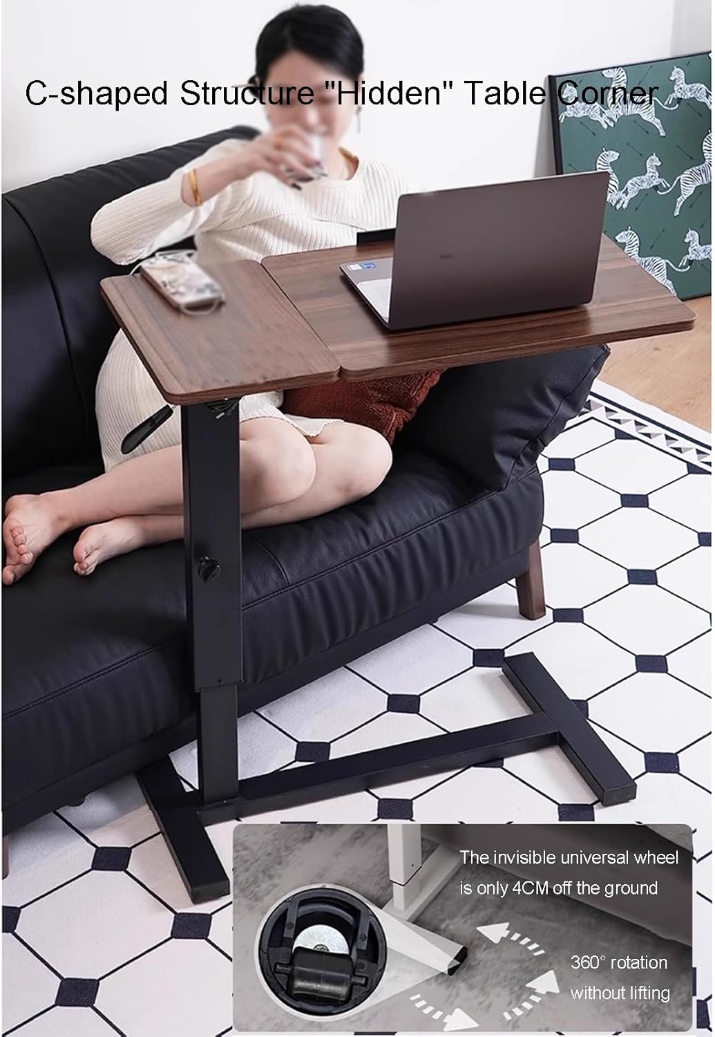 Adjustable Overbed Bedside Table with Wheels, Pneumatic Mobile Standing Laptop Desk, Rolling Computer Cart, Hospital Table Over Bed for Home Use Swivel