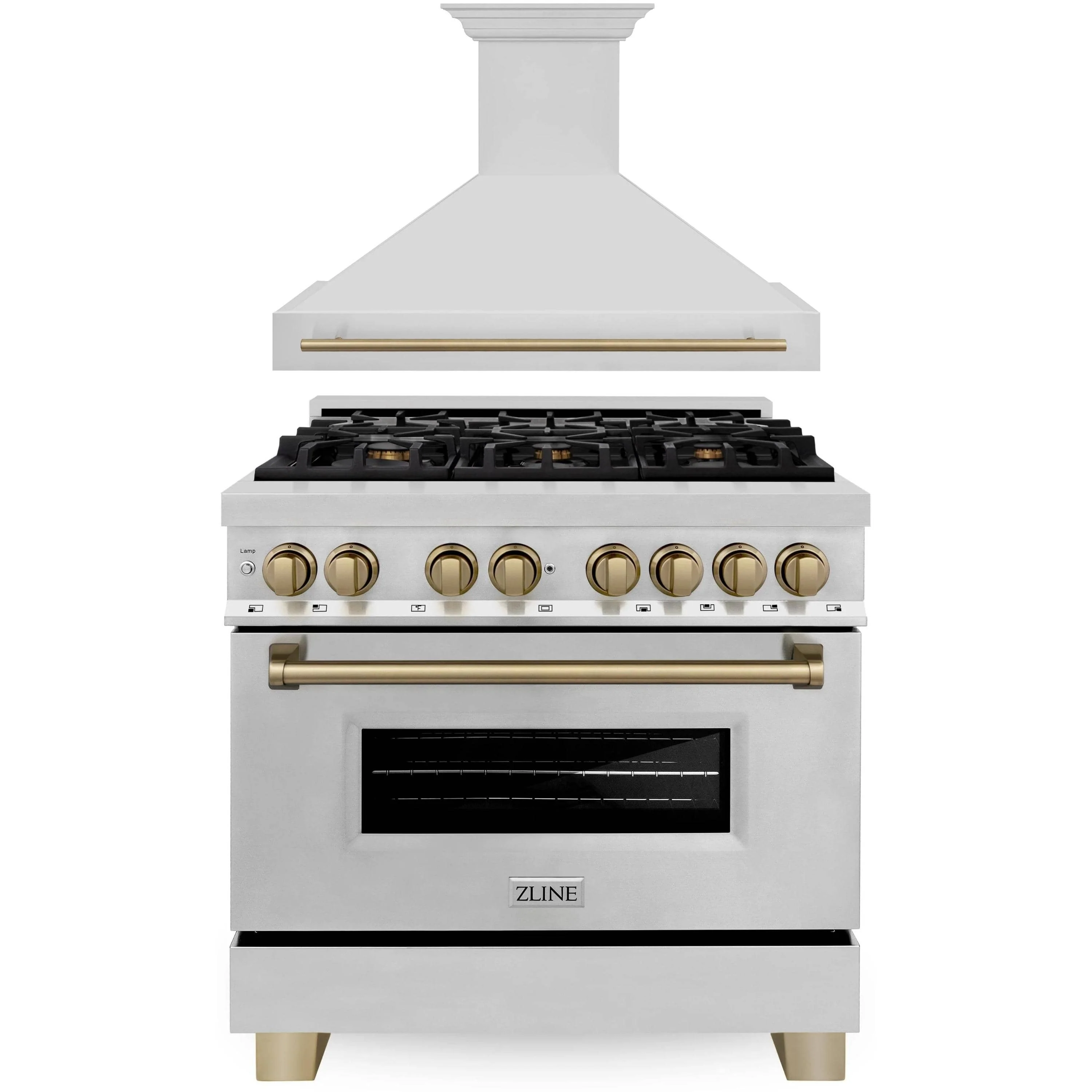 ZLINE Autograph Edition 2-Piece Appliance Package - 36-Inch Dual Fuel Range and Wall Mounted Range Hood in Stainless Steel with Champagne Bronze Trim (2AKP-RARH36-CB)
