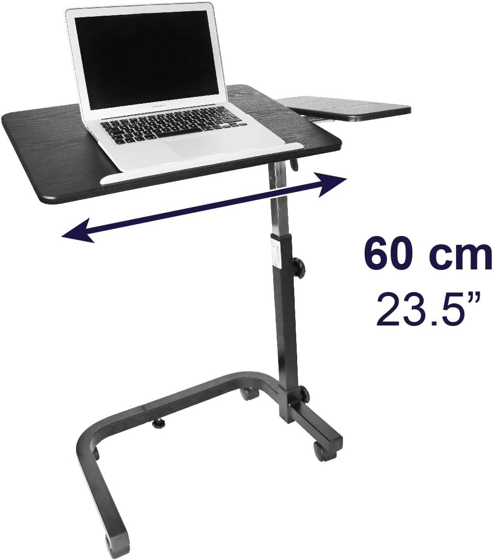 KMINA Overbed Table with Wheels, Hospital Bed Table, Tilting, Adjustable Height, Wood and Steel, C Shaped Side for Home Use Swivel, Black