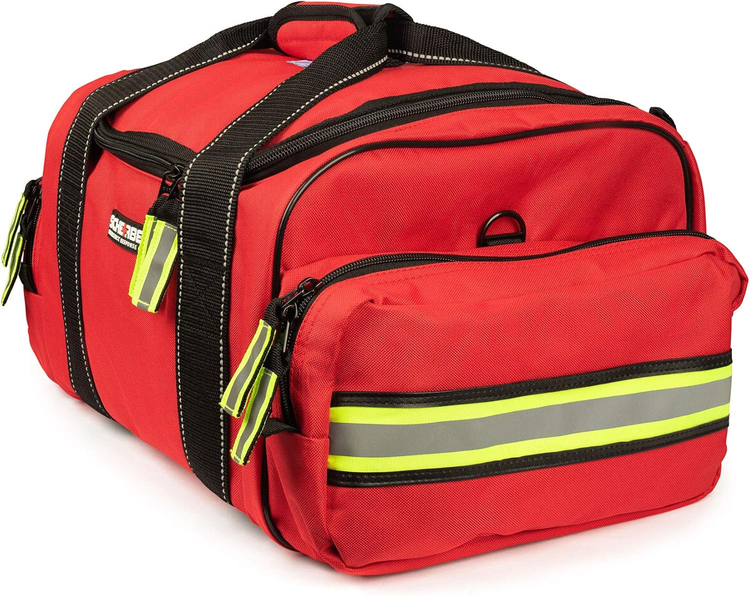 Scherber First Responder Fully-Stocked Large Professional Essentials EMT/EMS Trauma Kit | HSA/FSA Approved | Reflective Bag w/8 Zippered Pockets & Compartments & 250+ First Aid Supplies (Red)