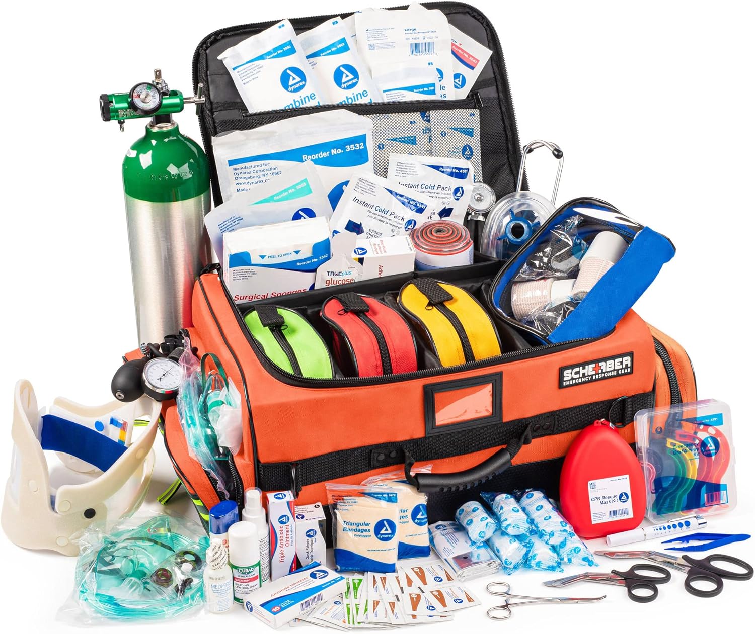 Scherber Fully Stocked First Responder Ultimate Professional EMT/EMS Trauma Kit | HSA/FSA Approved | w/10+ Compartments, Zippered Pockets, Dividers, Oxygen Access & 260+ First Aid Supplies (Orange)