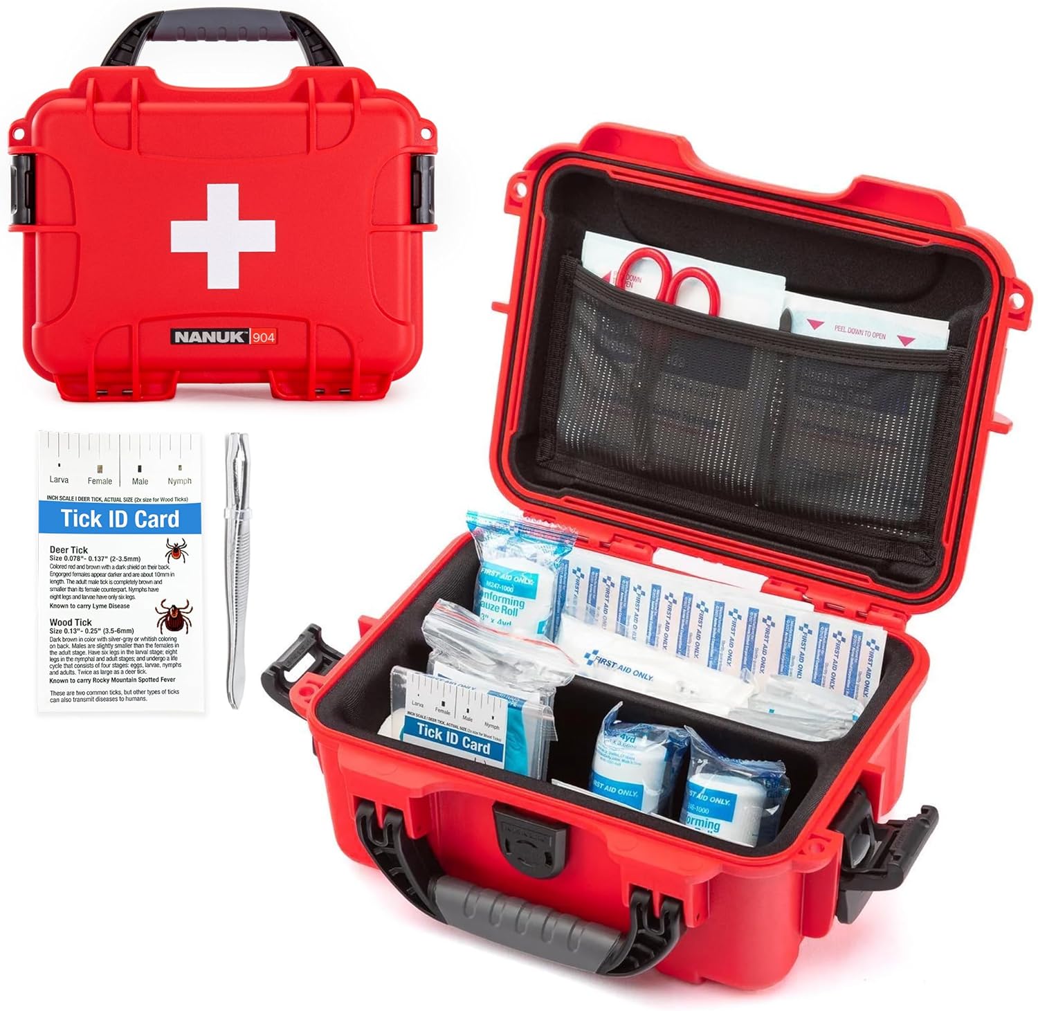 NANUK 904 Waterproof First Aid Kit 110pcs – Durable, Pre-Stocked First Aid Emergency Kit with Bandages, Tick Removal Tool, and More – Dustproof, Impact-Resistant, Floats (10.2