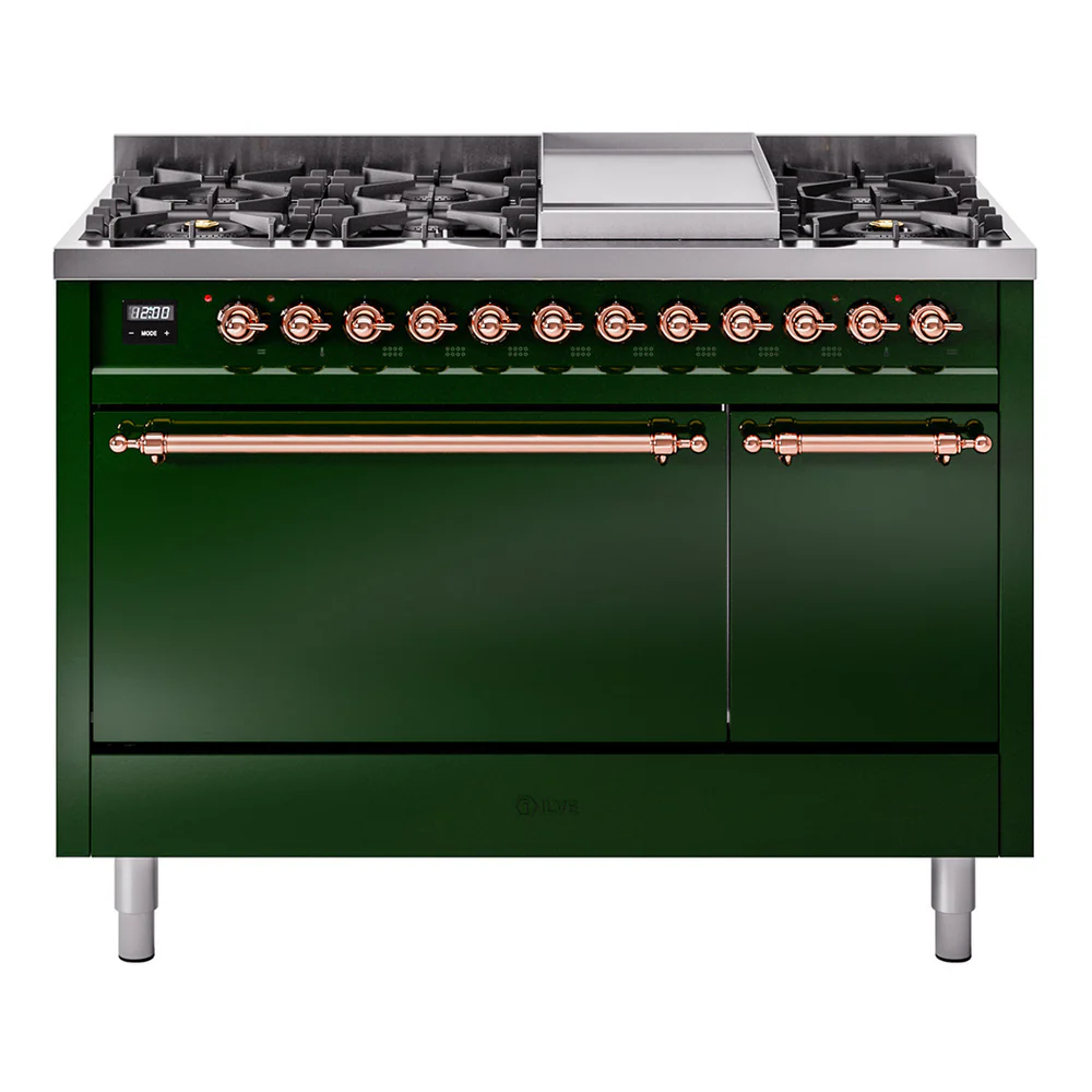ILVE 48-Inch Nostalgie II Dual Fuel Range with 8 Burners, Griddle, and Solid Door Oven in Emerald Green with Copper Trim (UP48FQNMPEGP)