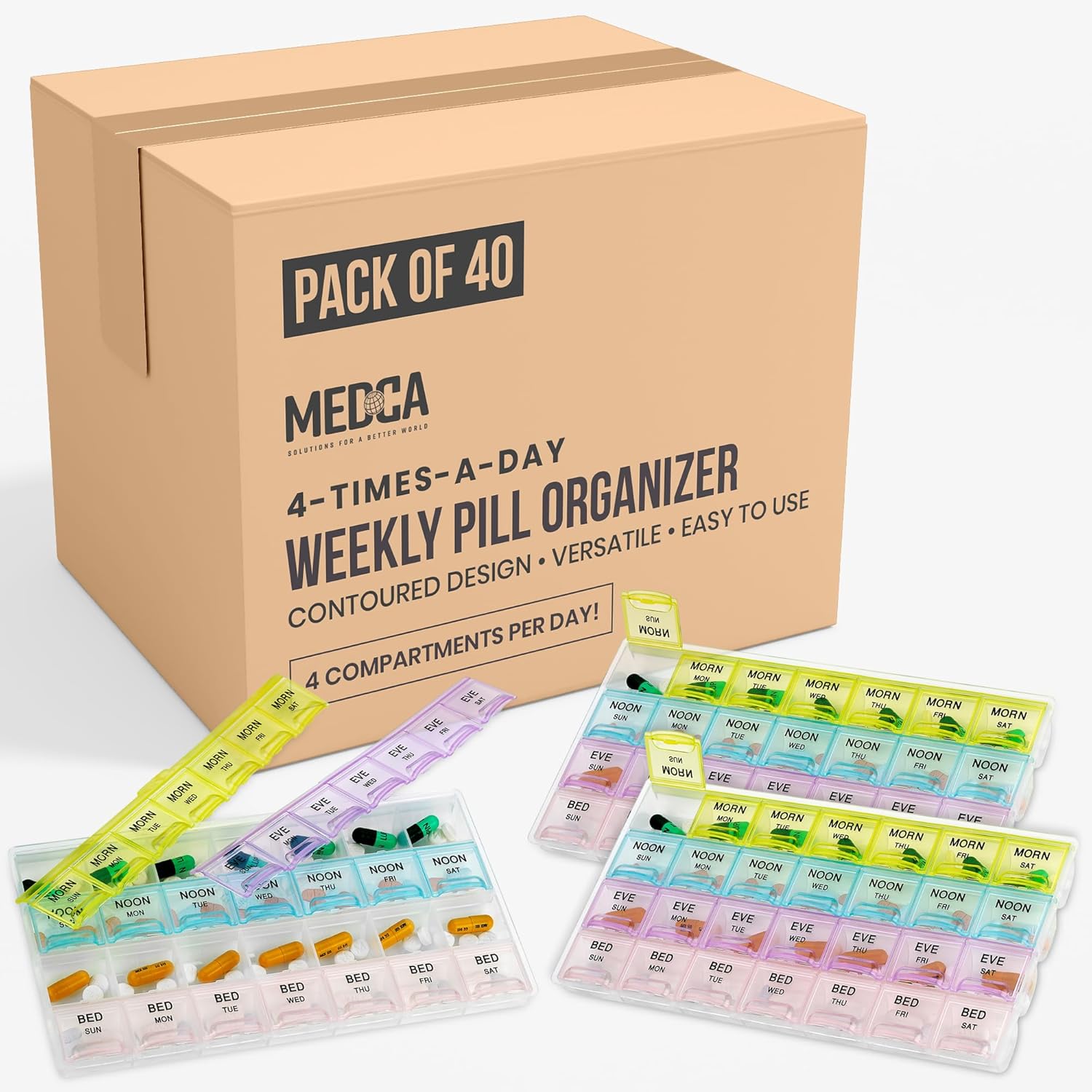 MEDca Pill Organizers - (40 Pack Bulk) Large Pill Organizer with Weekly and Daily 4-Times-A-Day Compartments for Morning, Noon, Evening, Night - BPA-Free, Portable and Travel Friendly Pill Boxes Case