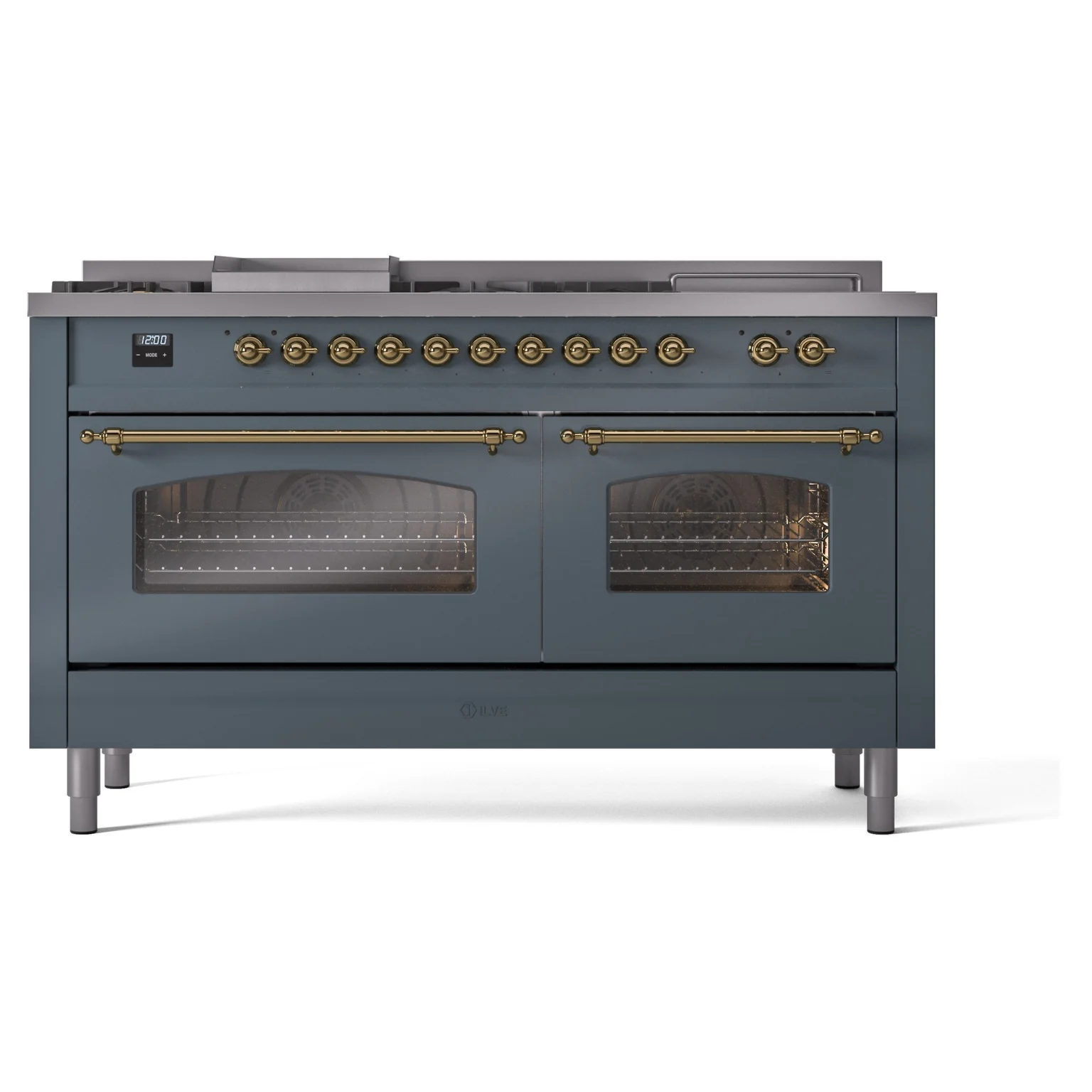 ILVE Nostalgie II 60-Inch Dual Fuel Range with 7 Burners, Griddle, & French Top with Triple Glass Door Oven in Blue Grey with Brass Trim (UP60FSNMPBGG)