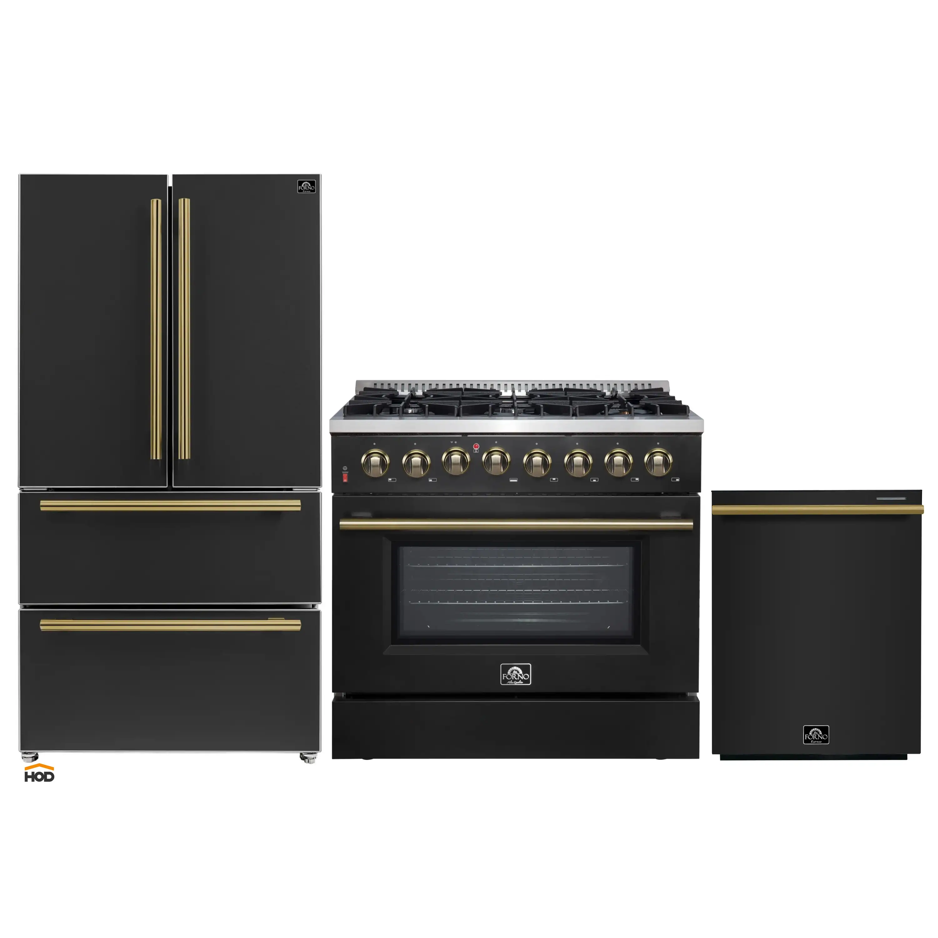 Forno Galiano 3-Piece Appliance Package - 36-Inch Dual Fuel Range, 36-Inch Refrigerator, & 24-Inch Dishwasher in Black with Antique Brass Trim