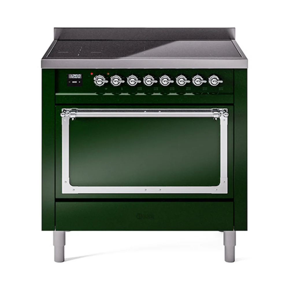 ILVE Nostalgie II Noblesse 36-Inch Induction Range with Solid Door in Emerald Green with Chrome Trim (UNI366QNMPEGC)