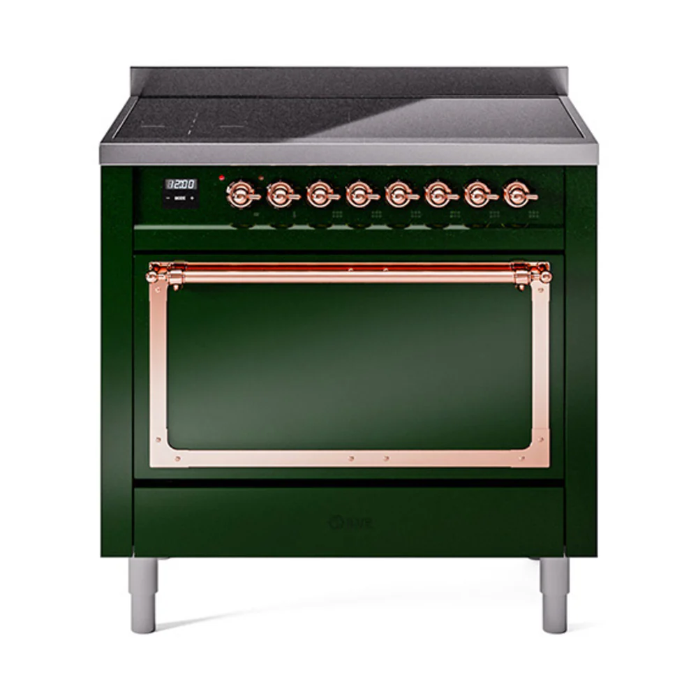ILVE Nostalgie II Noblesse 36-Inch Induction Range with Solid Door in Emerald Green with Copper Trim (UNI366QNMPEGP)