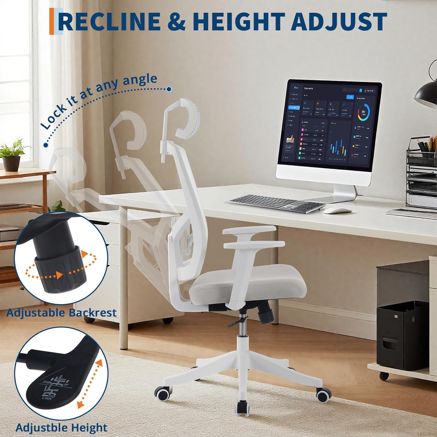 Ergonomic Mesh Chair, Reclining Computer Chair with Adjustable Headrest, Lumbar Support and Space-Saving Arms, for Desk Work, Gaming, White Frame/Gray Mesh