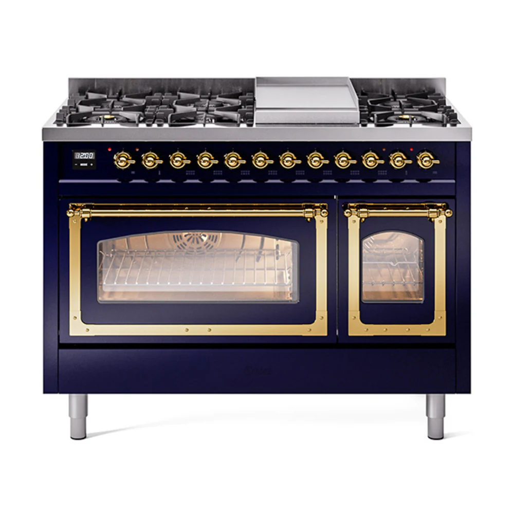 ILVE Nostalgie II Noblesse 48-Inch Dual Fuel Freestanding Range in Midnight Blue with Brass Trim (UN48FNMPMBG)