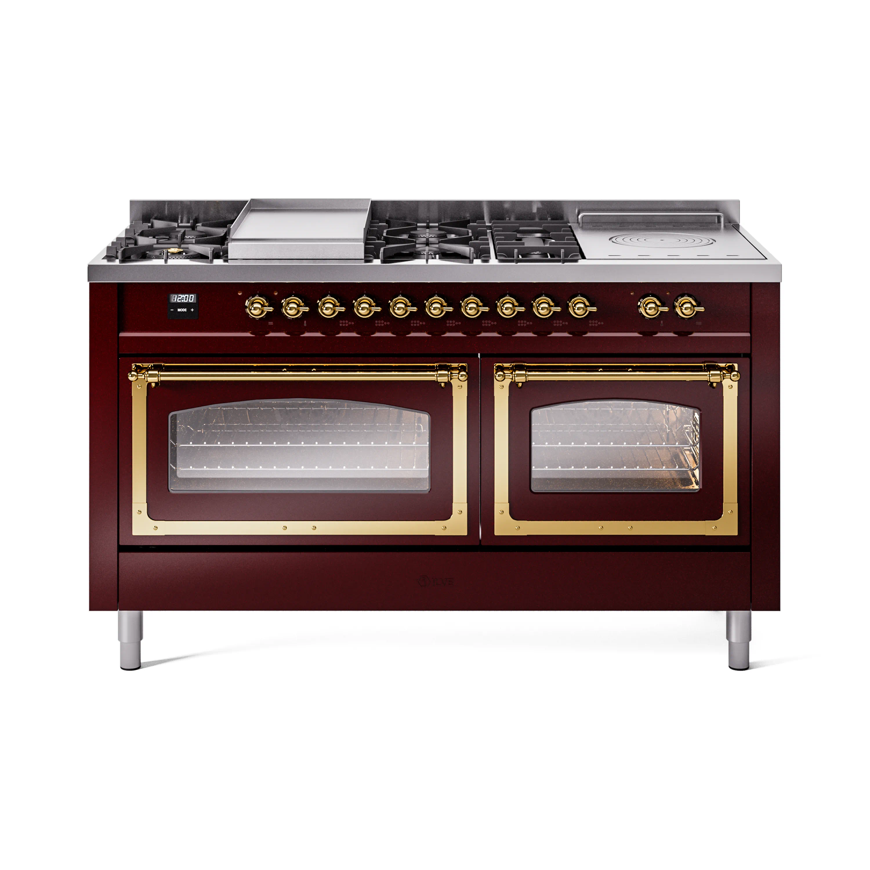 ILVE 60-Inch Nostalgie II Noblesse Dual Fuel Range with 7 Sealed Burners, Griddle, French Top and Triple Glass Door Oven in Burgundy with Brass Trim (UN60FSNMPBUG)