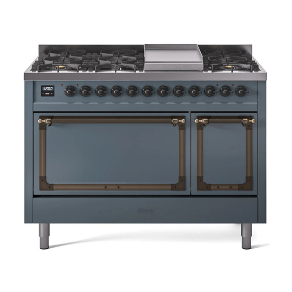 ILVE Nostalgie II Noblesse 48-Inch Dual Fuel Freestanding Range with Solid Door Oven in Blue Grey with Bronze Trim (UN48FQNMPBGB)