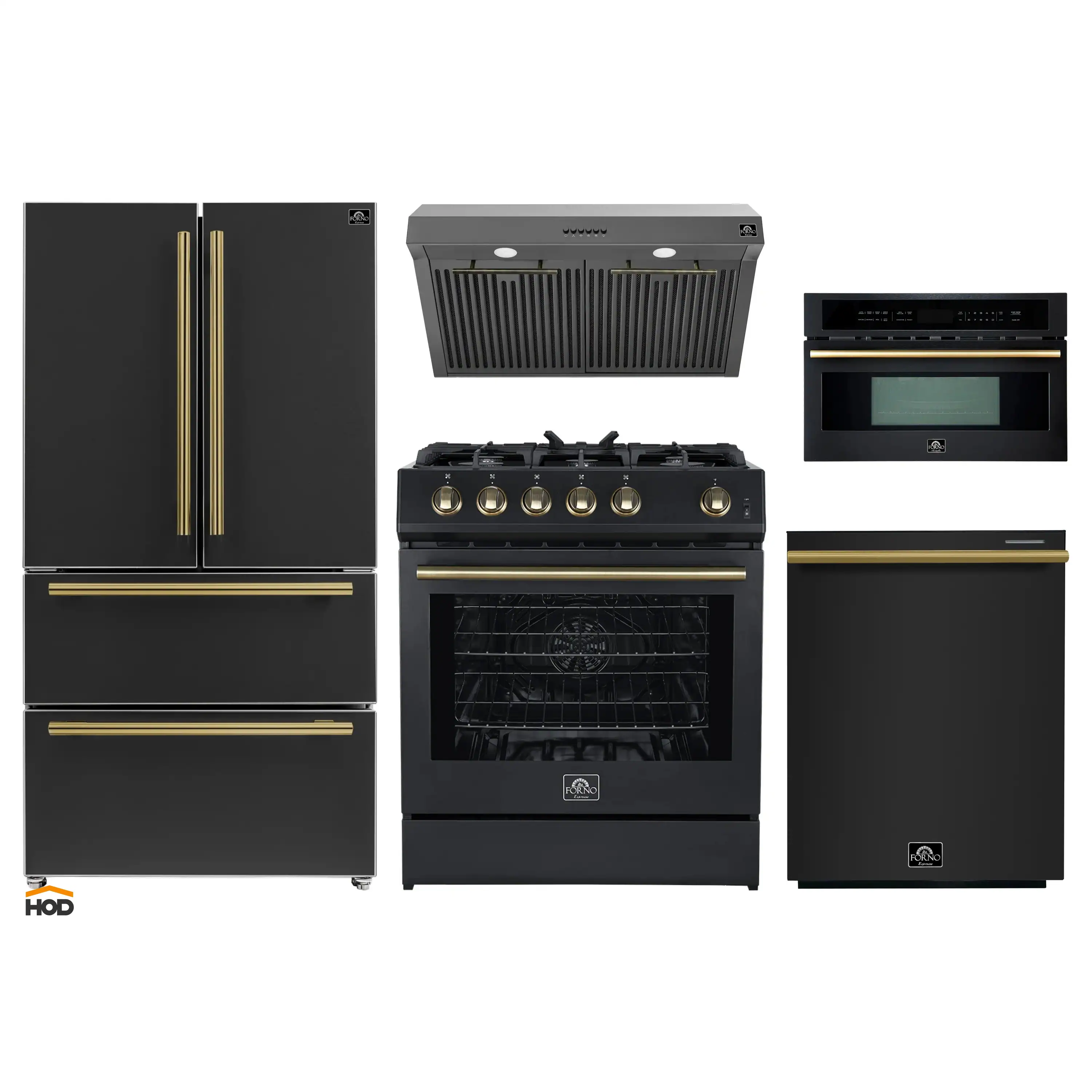 Forno 5-Piece Appliance Package - 30-Inch Gas Range, Under Cabinet Range Hood, Refrigerator, Dishwasher, and  30-Inch Microwave Oven in Black with Antique Brass Trim