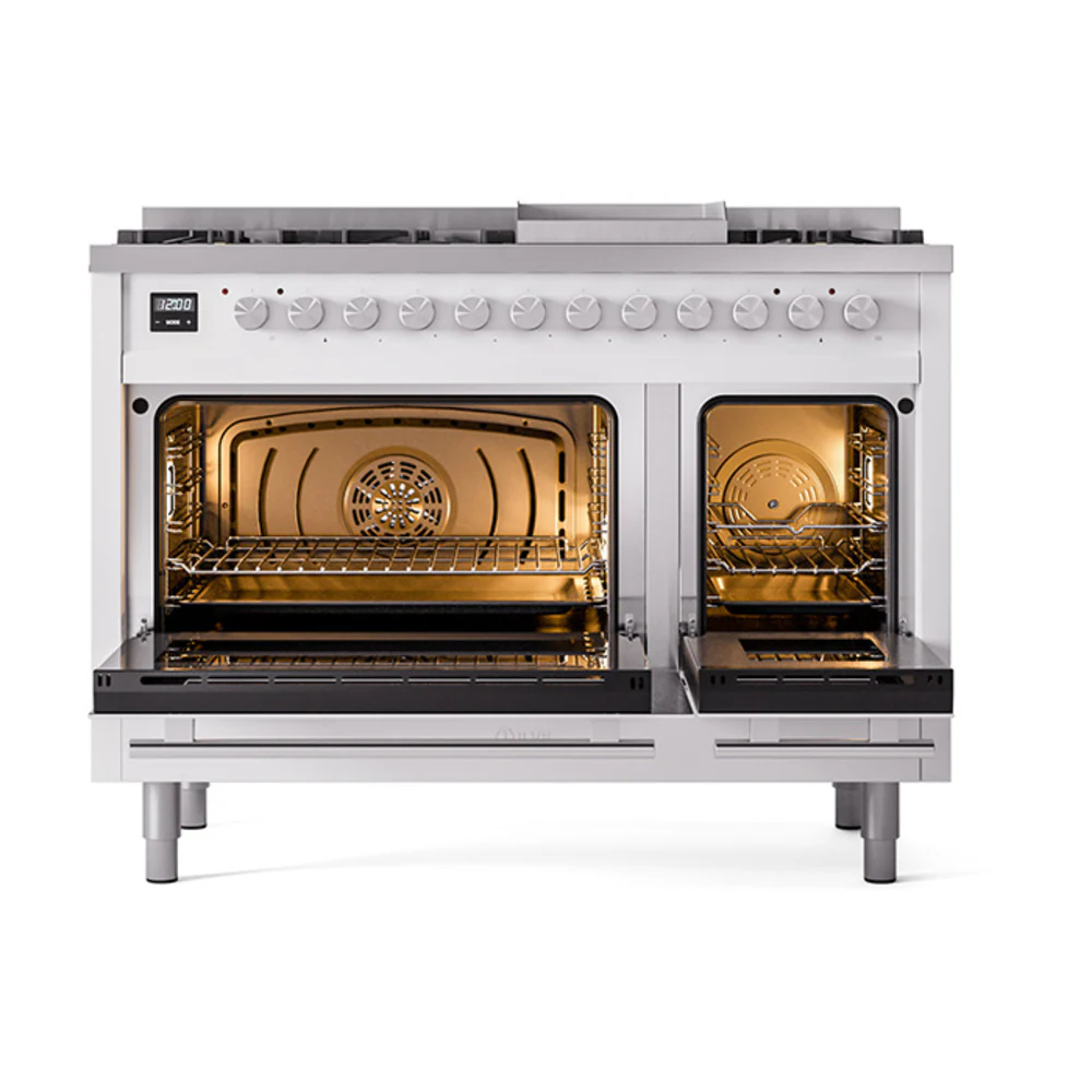 ILVE 48-inch Professional Plus II Dual Fuel Range with 8 Burners, Griddle, and Solid Door Oven in White (UP48FQMPWH)
