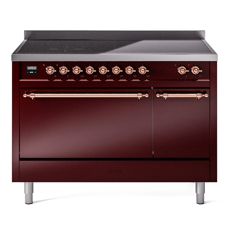 ILVE 48-Inch Nostalgie II Induction Range with Solid Door Oven in Burgundy with Copper Trim (UPI486QNMPBUP)
