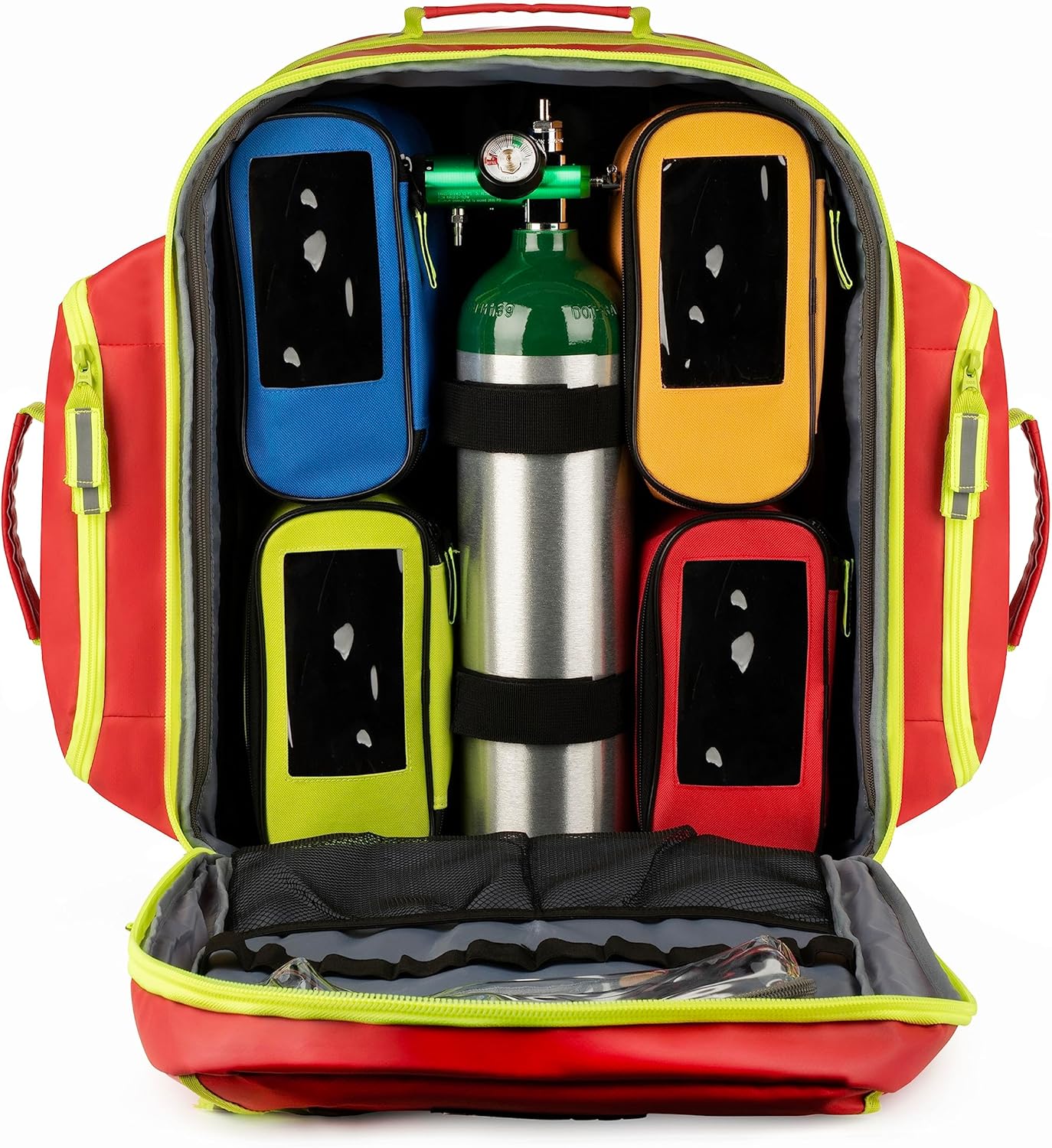Scherber Fully-Stocked Premium First Responder Backpack | EMT/EMS Medic Trauma & Oxygen Medical Professional Kit | Bag w/ 4 Color-Coded Removable Pouches, O2 Storage, & 250+ First Aid Supplies - Red