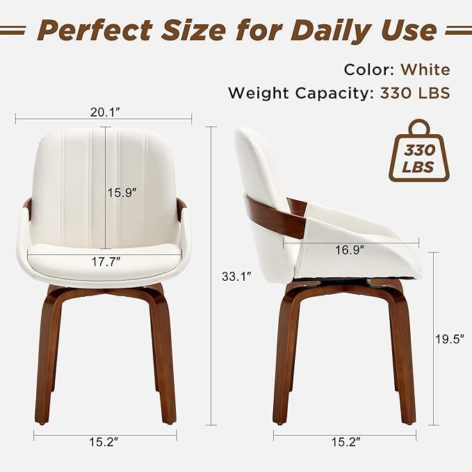 Swivel Dining Chairs,Faux Leather Dining Room Chairs with Arms, Mid Century Modern Upholstered Kitchen Vanity Accent Chair, Walnut Backrest Support & Sturdy Wood Legs (White, Set of 2)