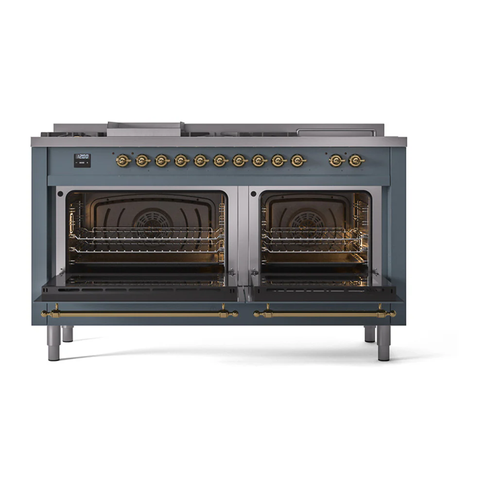 ILVE Nostalgie II 60-Inch Dual Fuel Range with 7 Burners, Griddle, & French Top with Solid Door Oven in Blue Grey with Brass Trim (UP60FSQNMPBGG)